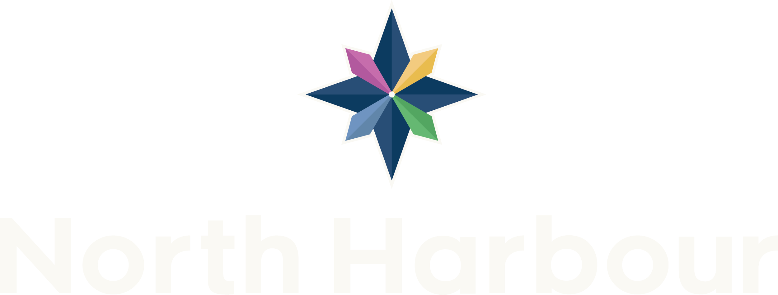 The logo features a black background with a colorful, stylized star or compass design in the center, composed of multiple segments in blue, purple, yellow, and green. The words "North Harbour" appear below the star in large, light-colored text.