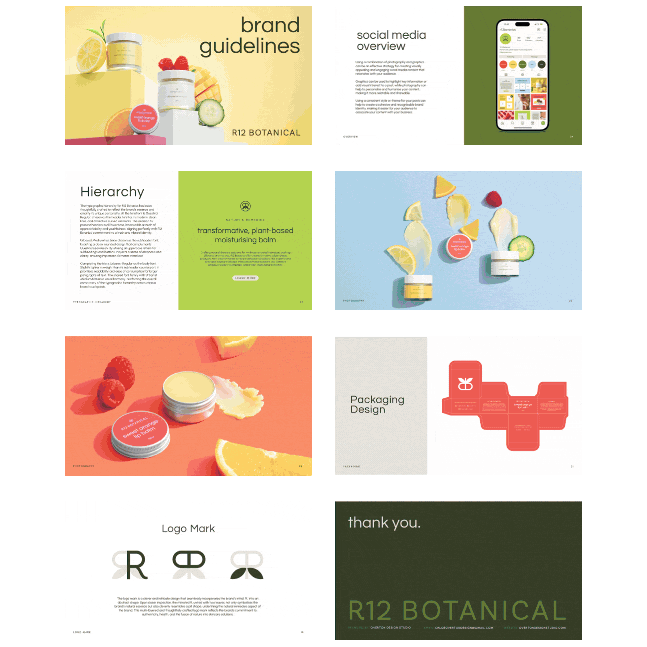 Compilation of presentation slides showcasing brand guidelines for R12 Botanical. Includes brand overview, social media overview, hierarchy, product photography, packaging design, logo mark, and a thank you slide.