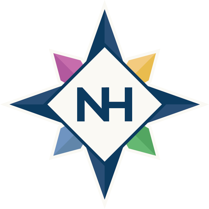 A colorful compass rose with a white diamond in the center containing the letters 'NH' in blue.