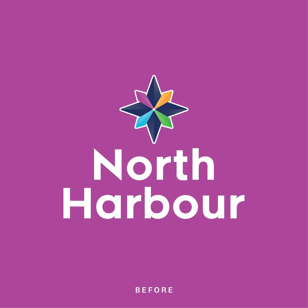 Purple background with a colorful star-like logo and the words 'North Harbour' in white text.