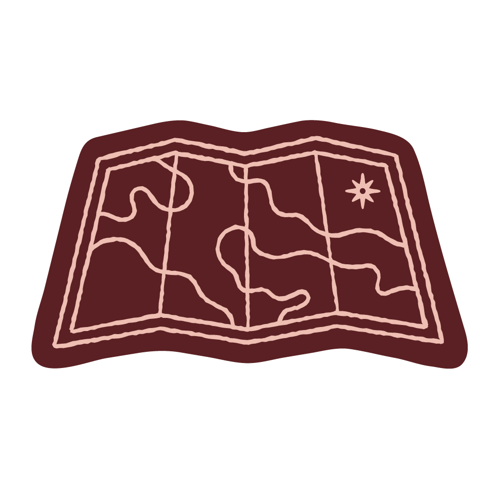 A neon sign of an open map with winding roads and a star