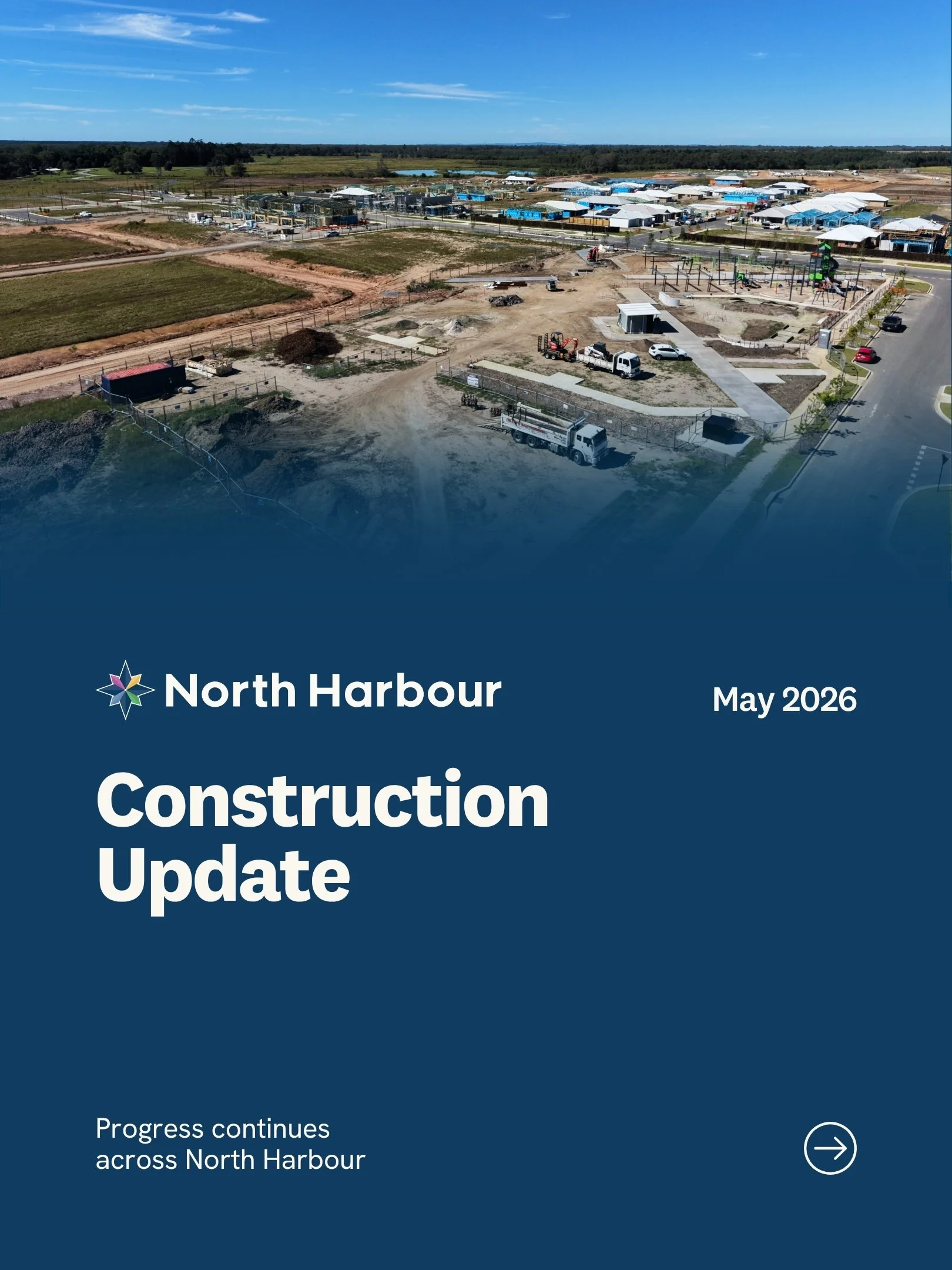 Aerial view of a construction site in North Harbour, with partially built structures, construction vehicles, and equipment, indicating ongoing development in May 2026.