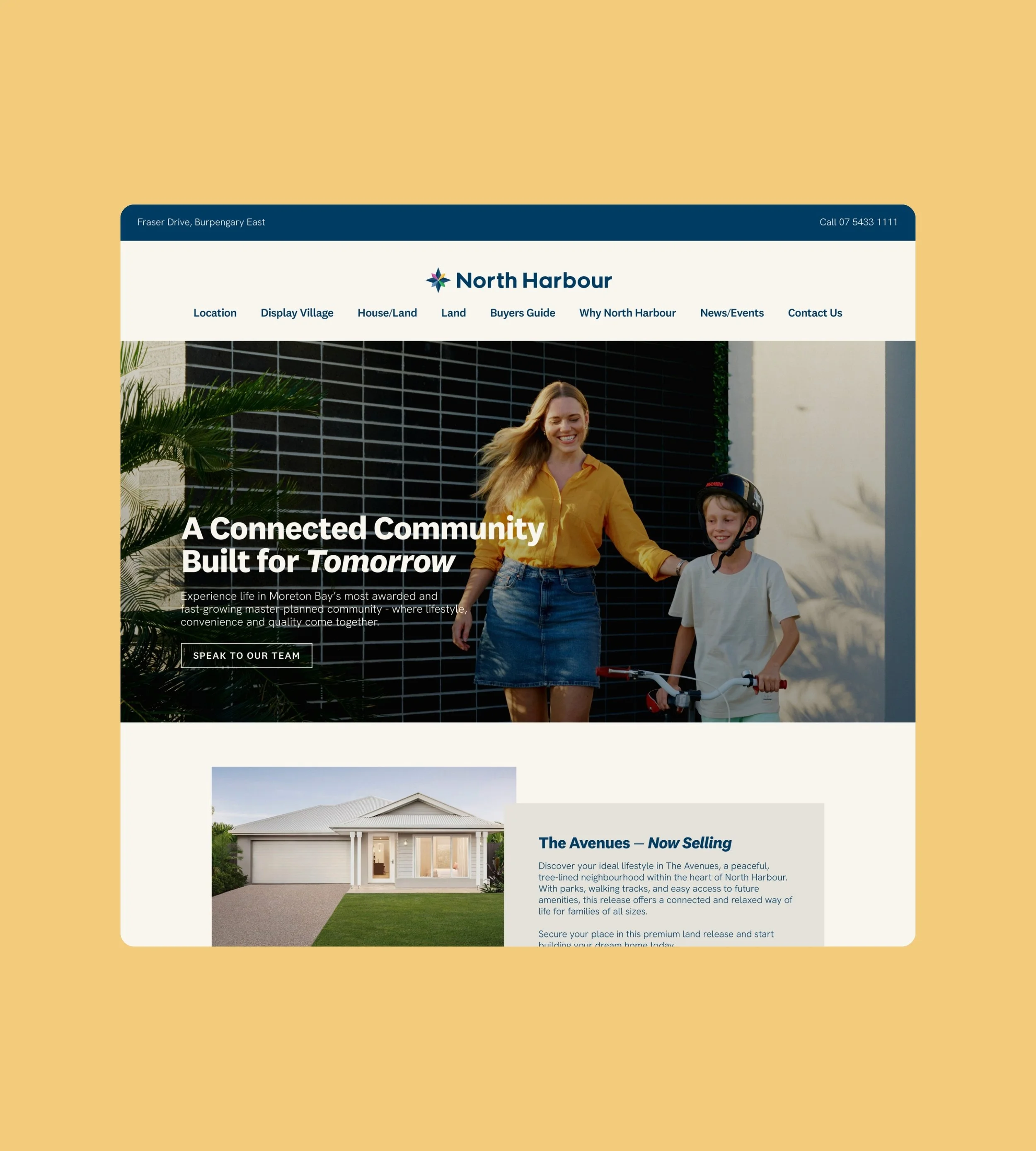A website homepage for North Harbour, a real estate development in Burpengary East, showing navigation menu, a photo of a smiling woman and a young boy riding bicycles, and a section highlighting new homes for sale.