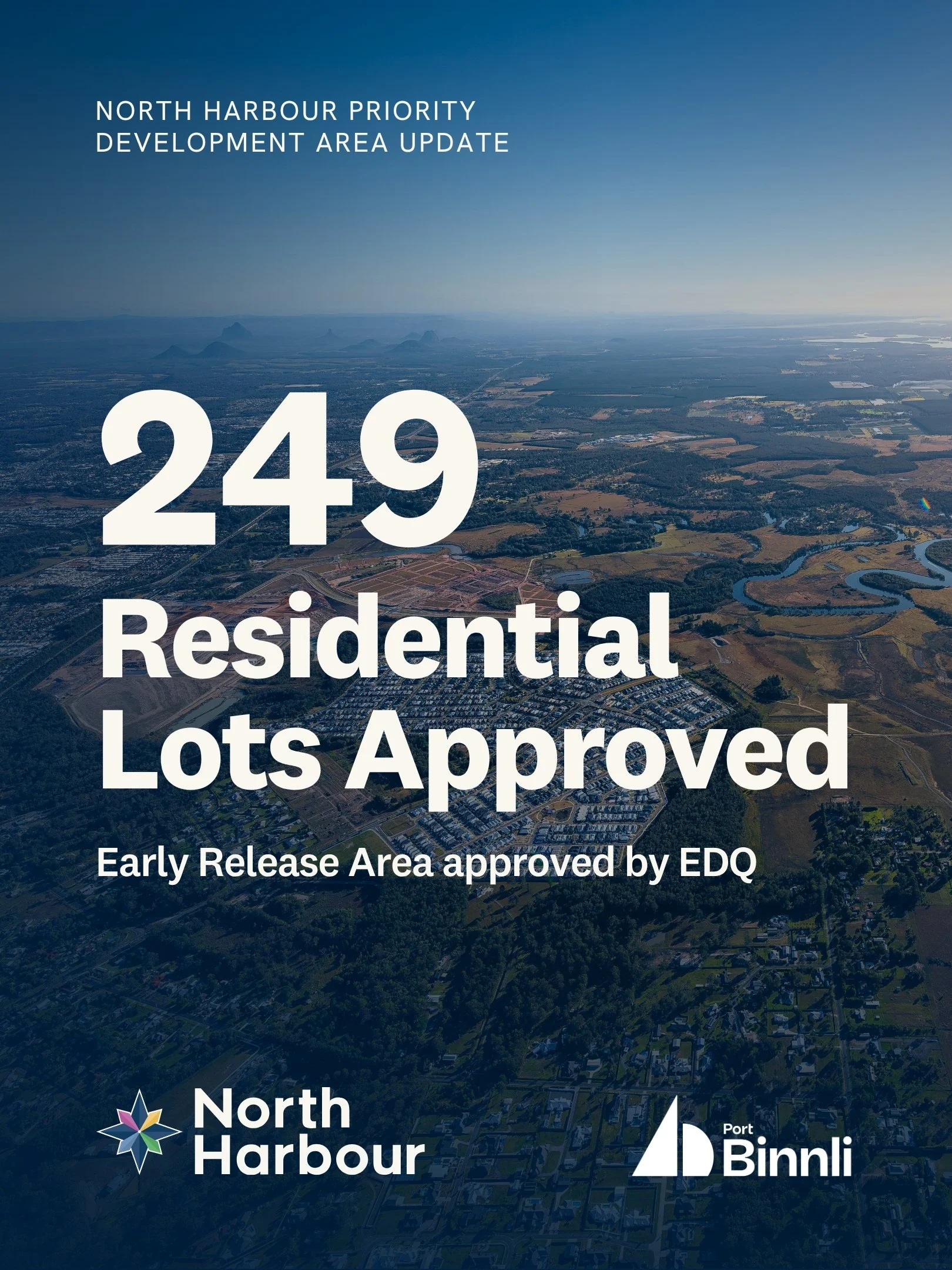 Aerial view of North Harbour area with overlaid text announcing 249 residential lots approved, early release area approved by EDO, including logos for North Harbour and Port Binnli.