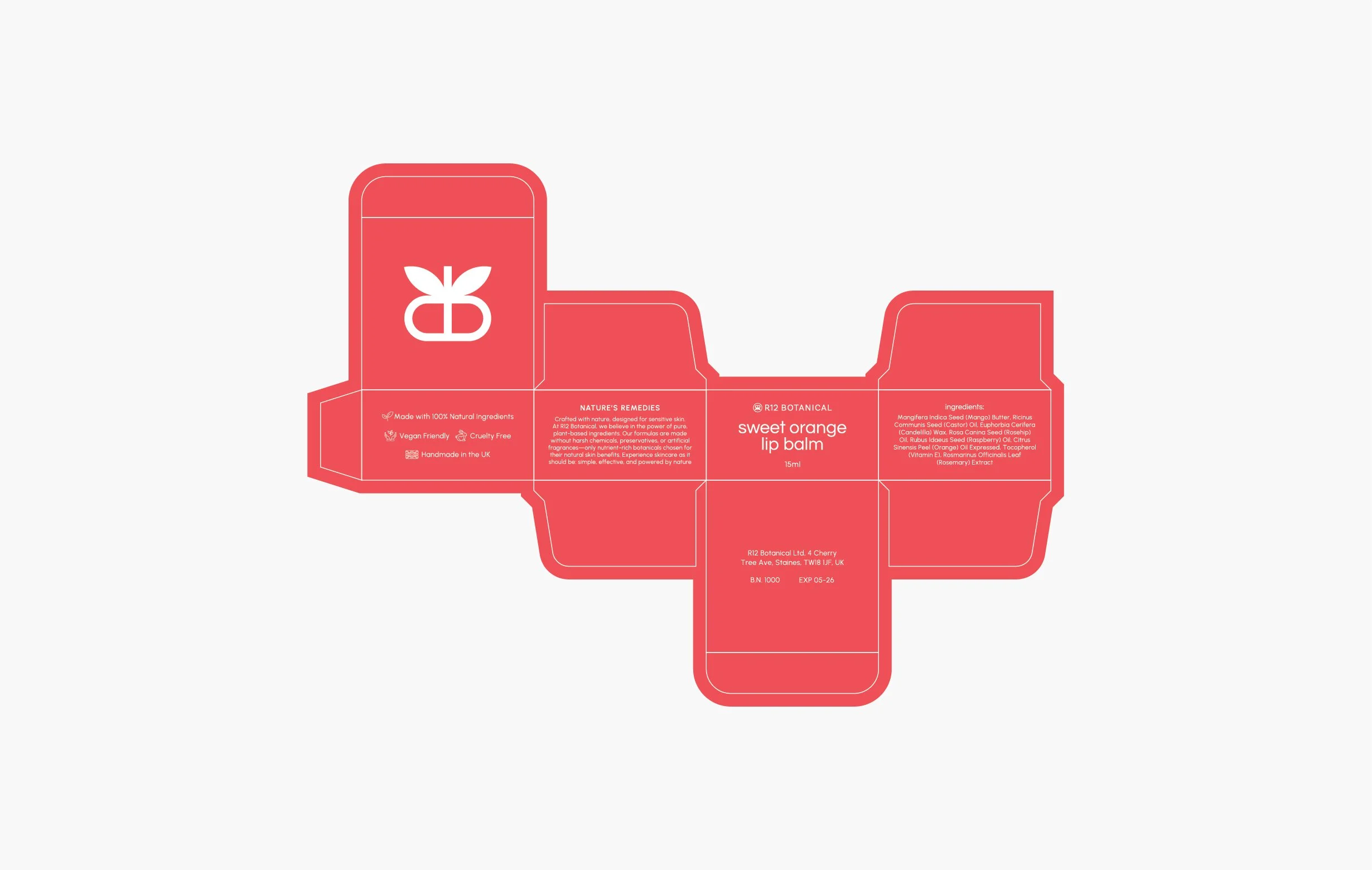 Packaging design for a sweet orange lip balm, includes ingredient and branding information, in a red color scheme with a white leaf symbol.