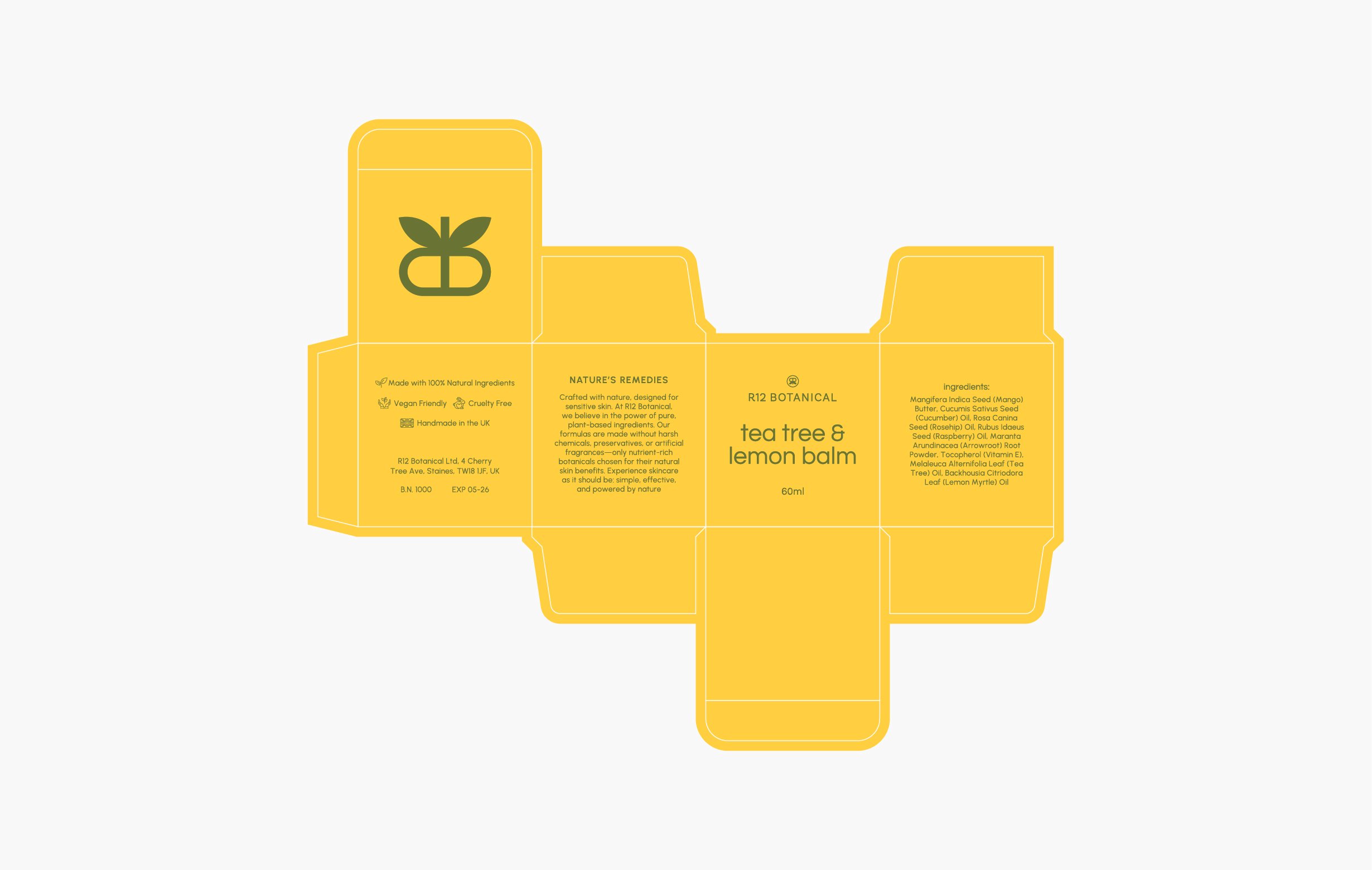Yellow packaging box for tea tree and lemon balm balm, with label details including ingredients, description, and branding.