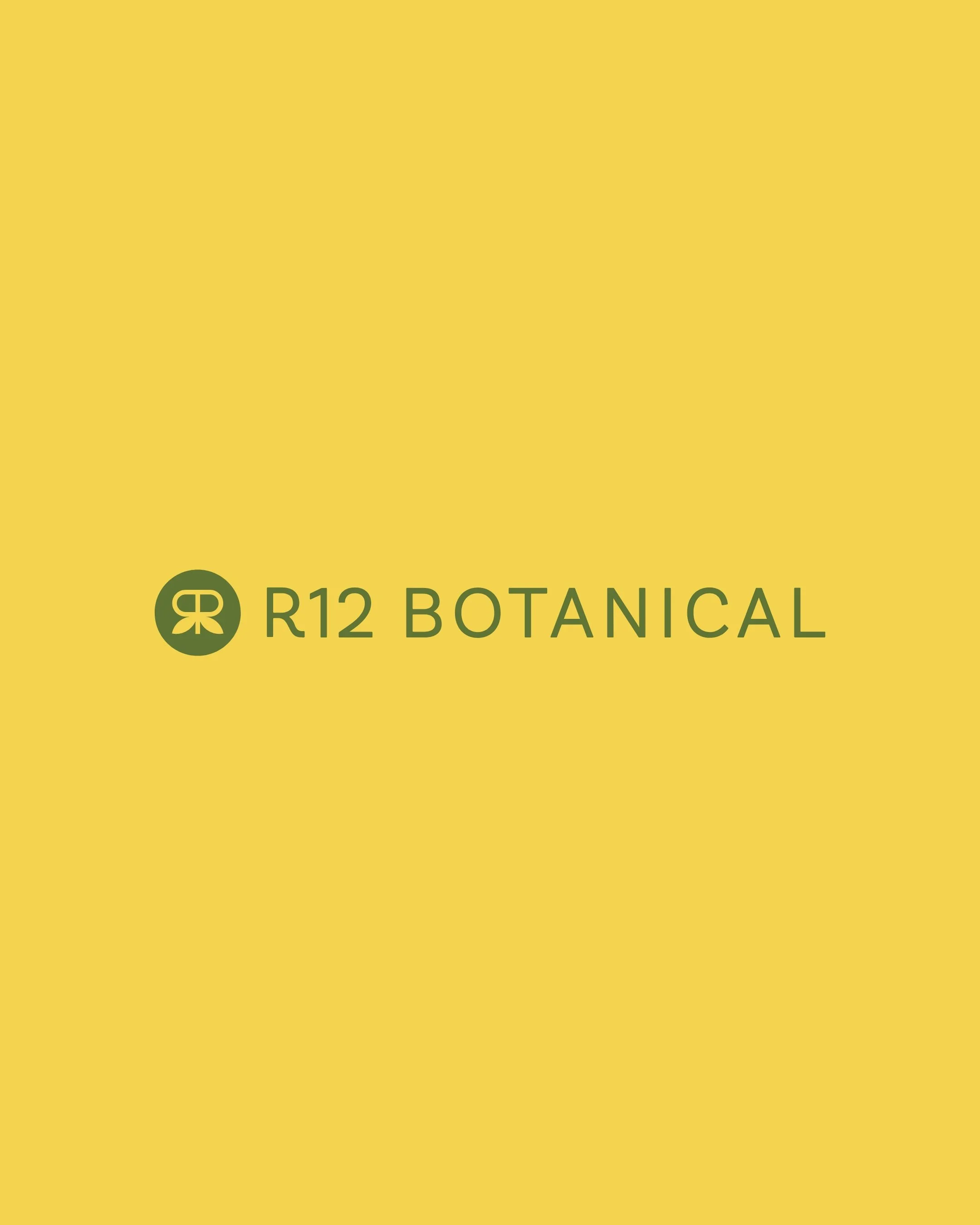 A yellow box with the text 'R12 BOTANICAL' and a circular logo with a leaf design inside.