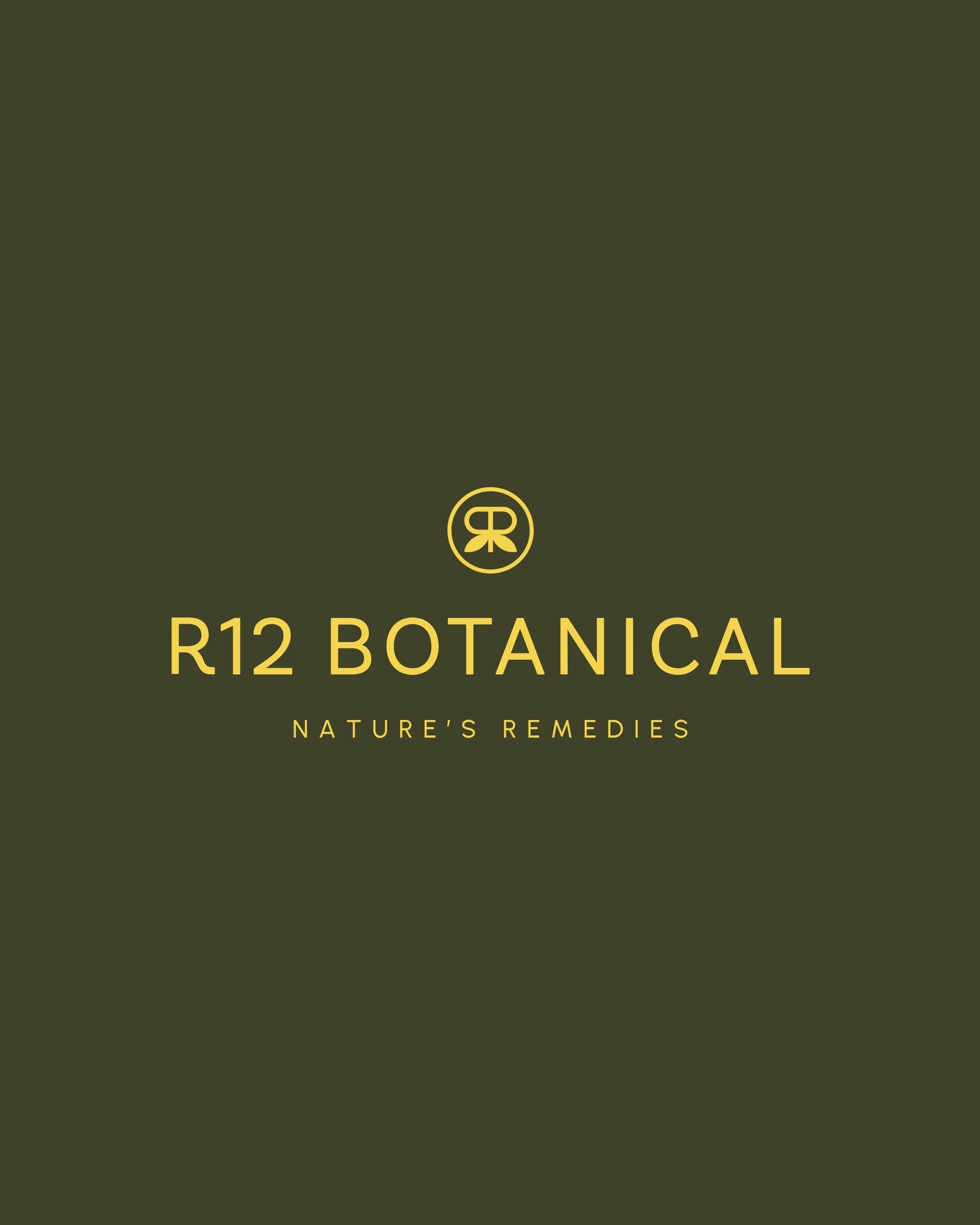 Cover image of a product label for R12 Botanical, a natural remedy, with a dark green background and yellow text, and a small logo at the top.