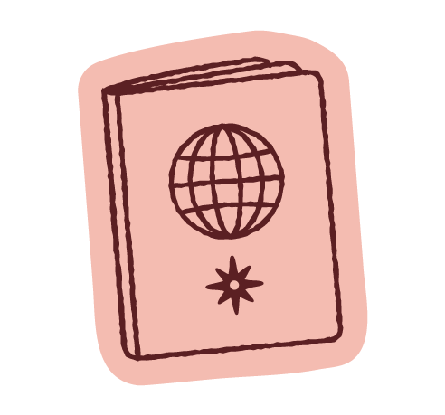 Sketch of a passport with a globe emblem and a star symbol on the cover, on a pink background.