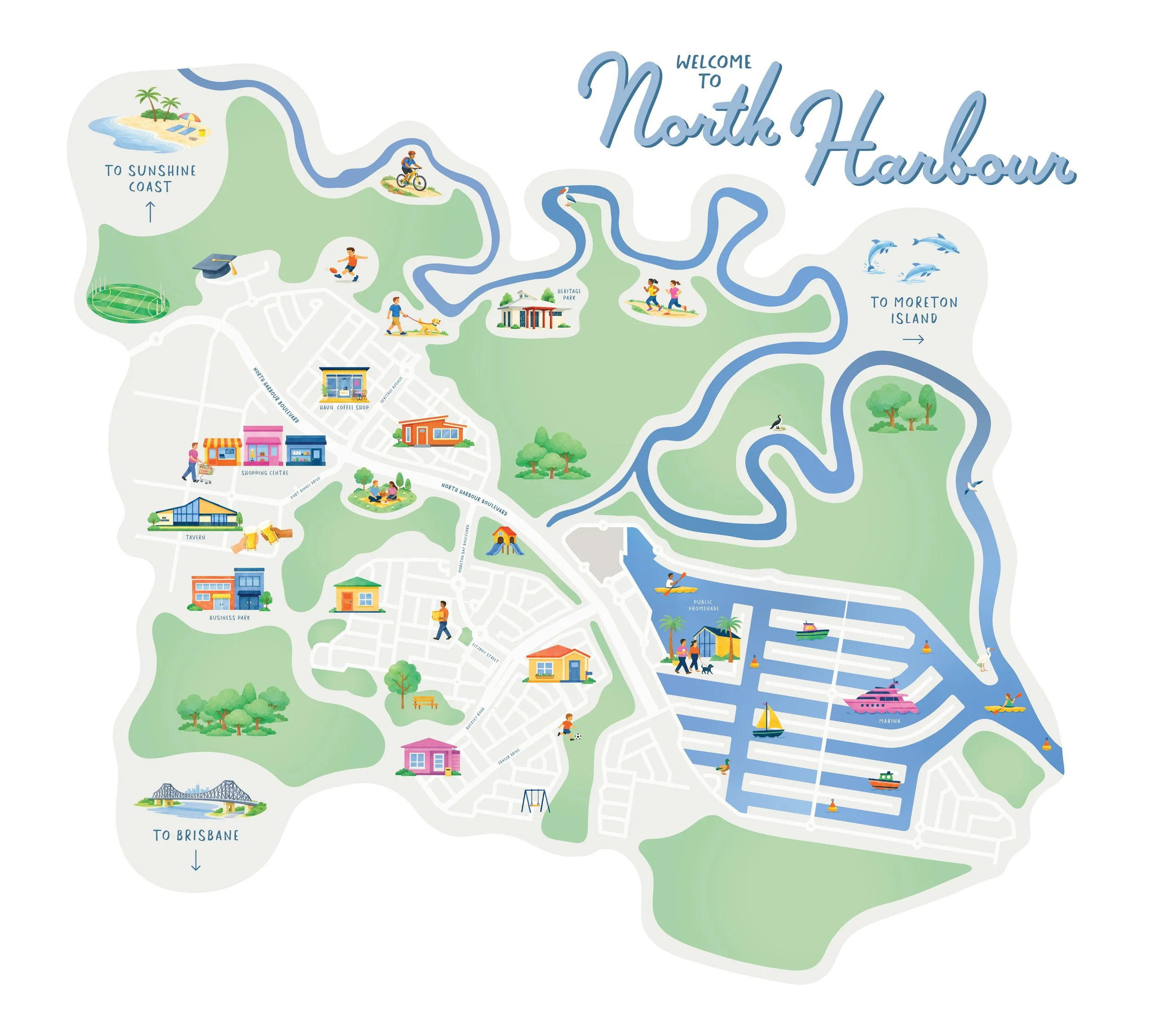 Map of North Harbour highlighting local attractions such as beaches, parks, shopping centers, and recreation areas.