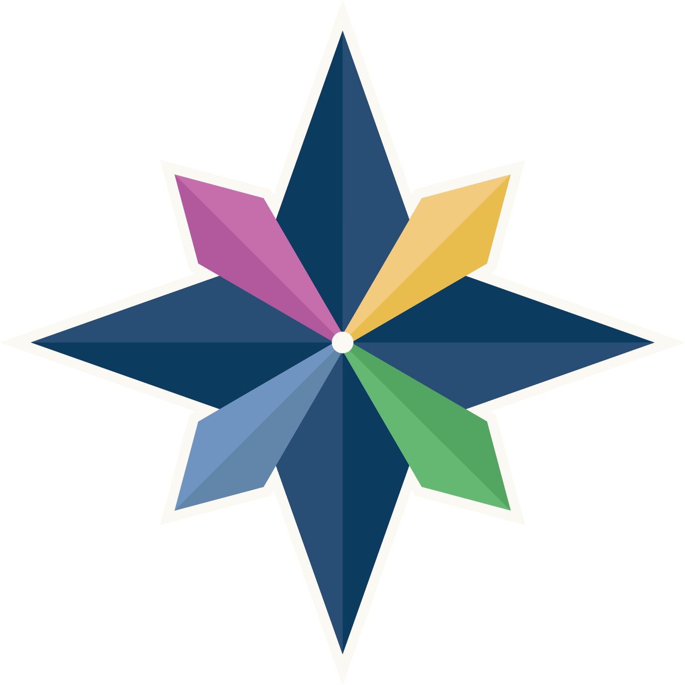 A colorful, geometric star-shaped design with multiple shades of blue, green, purple, yellow, and beige, outlined in white, set against a black background.