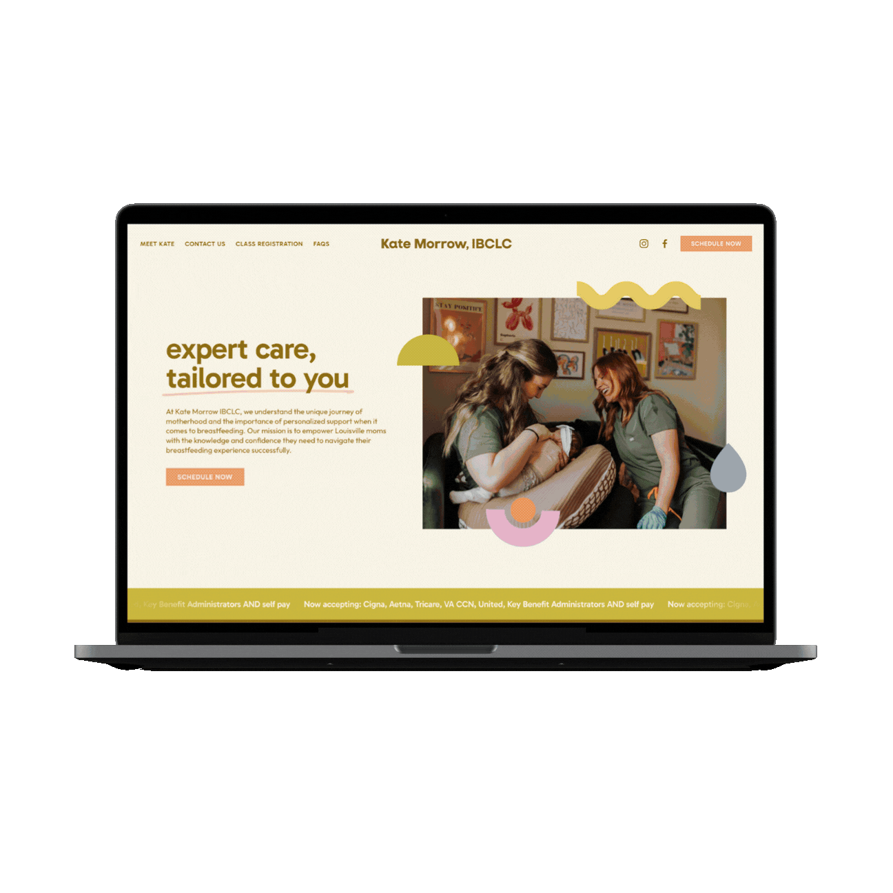 Screenshot of a website homepage for Kate Morrow, IBCLC, showing a woman holding a baby and a healthcare worker, with text about personalized breastfeeding support and a schedule button.