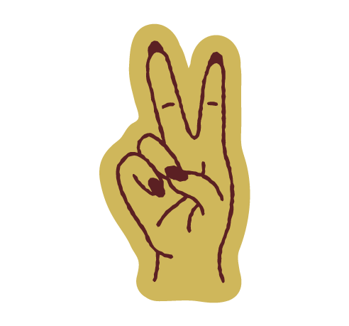 Line drawing of a hand making the peace sign with two fingers raised.