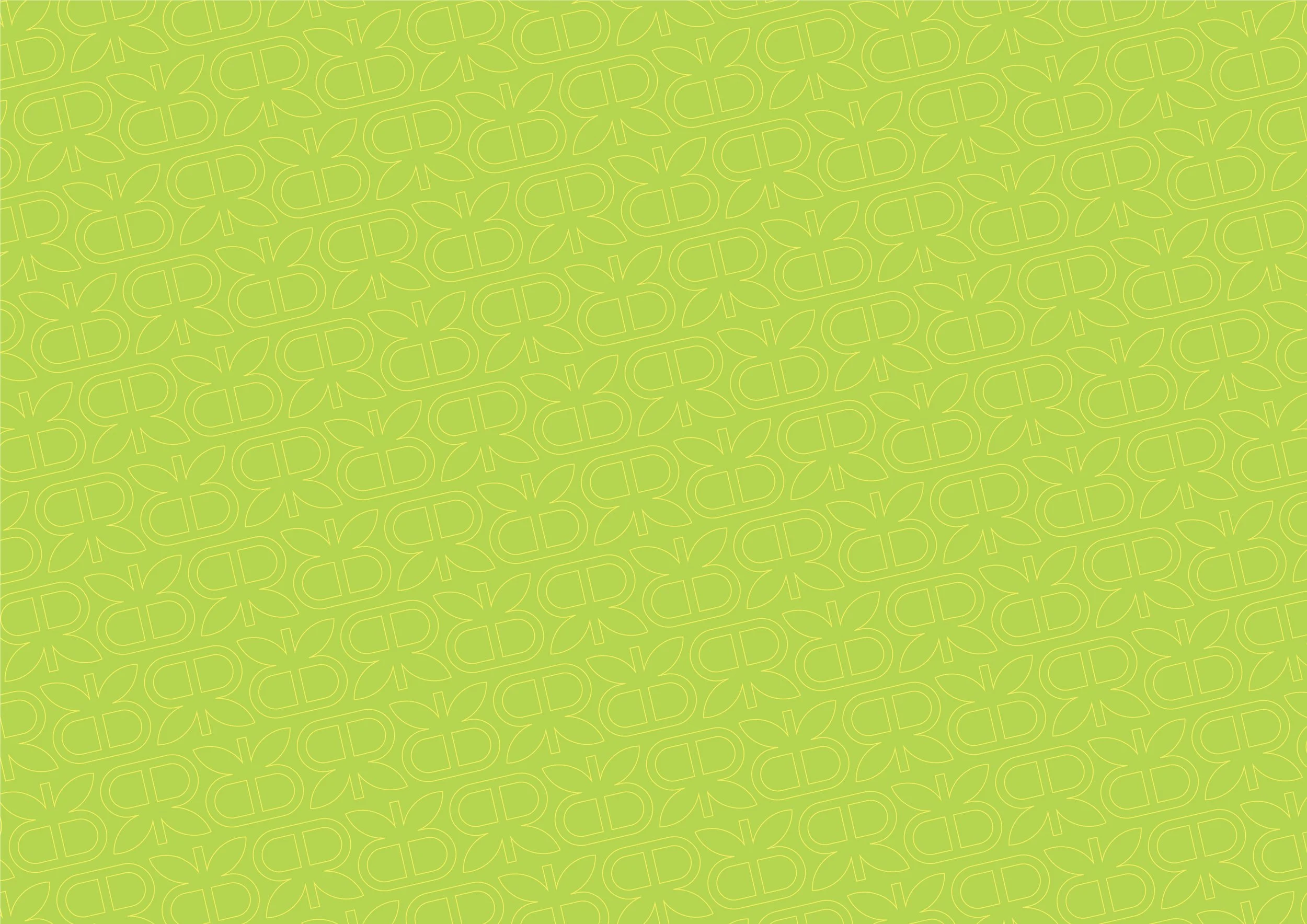 A light green patterned background with yellow floral and geometric shapes.