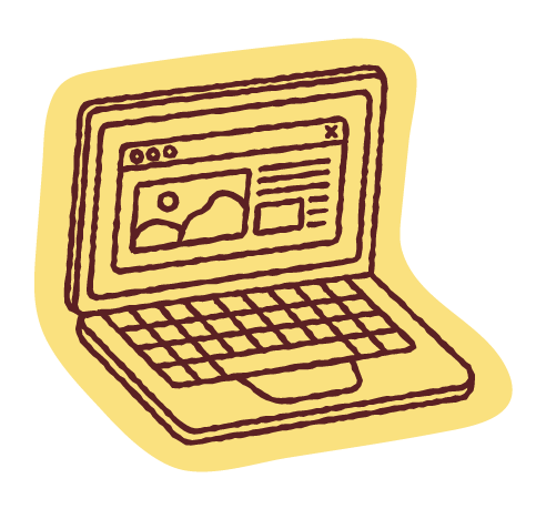 Illustration of a laptop computer with an open screen displaying a webpage with a landscape image and text.