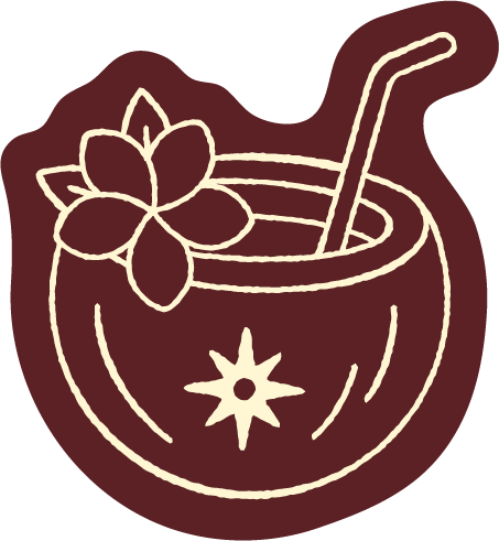 Illustration of a coconut drink with a straw and a flower garnish.