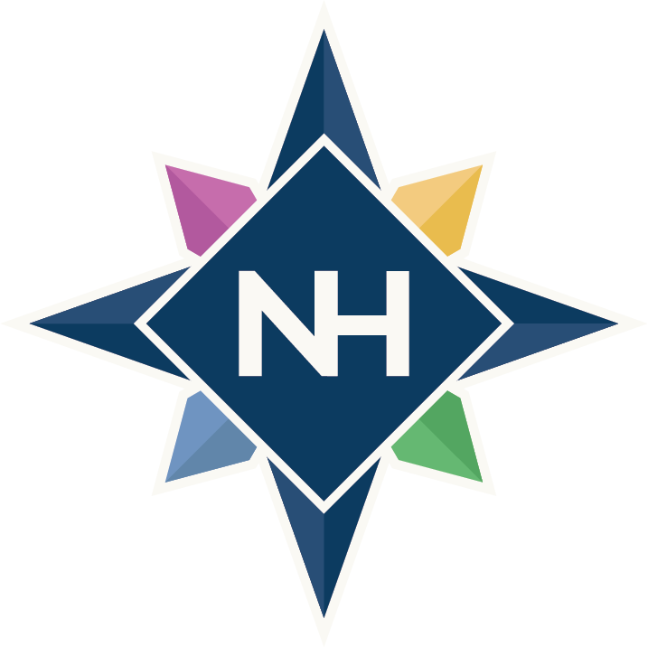 Stylized star emblem with a central diamond shape containing the letters 'NH', surrounded by colorful smaller triangles in purple, yellow, green, and blue.