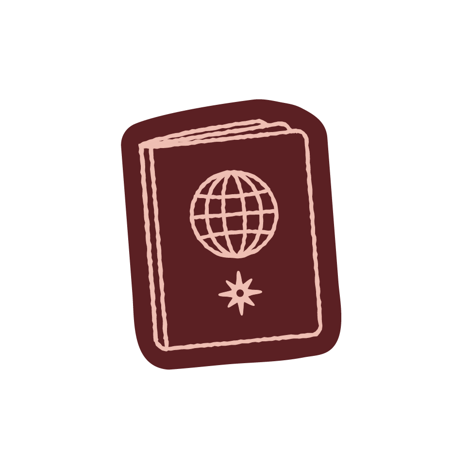 Stylized illustration of a passport with a globe and star emblem on the cover, on a black background.