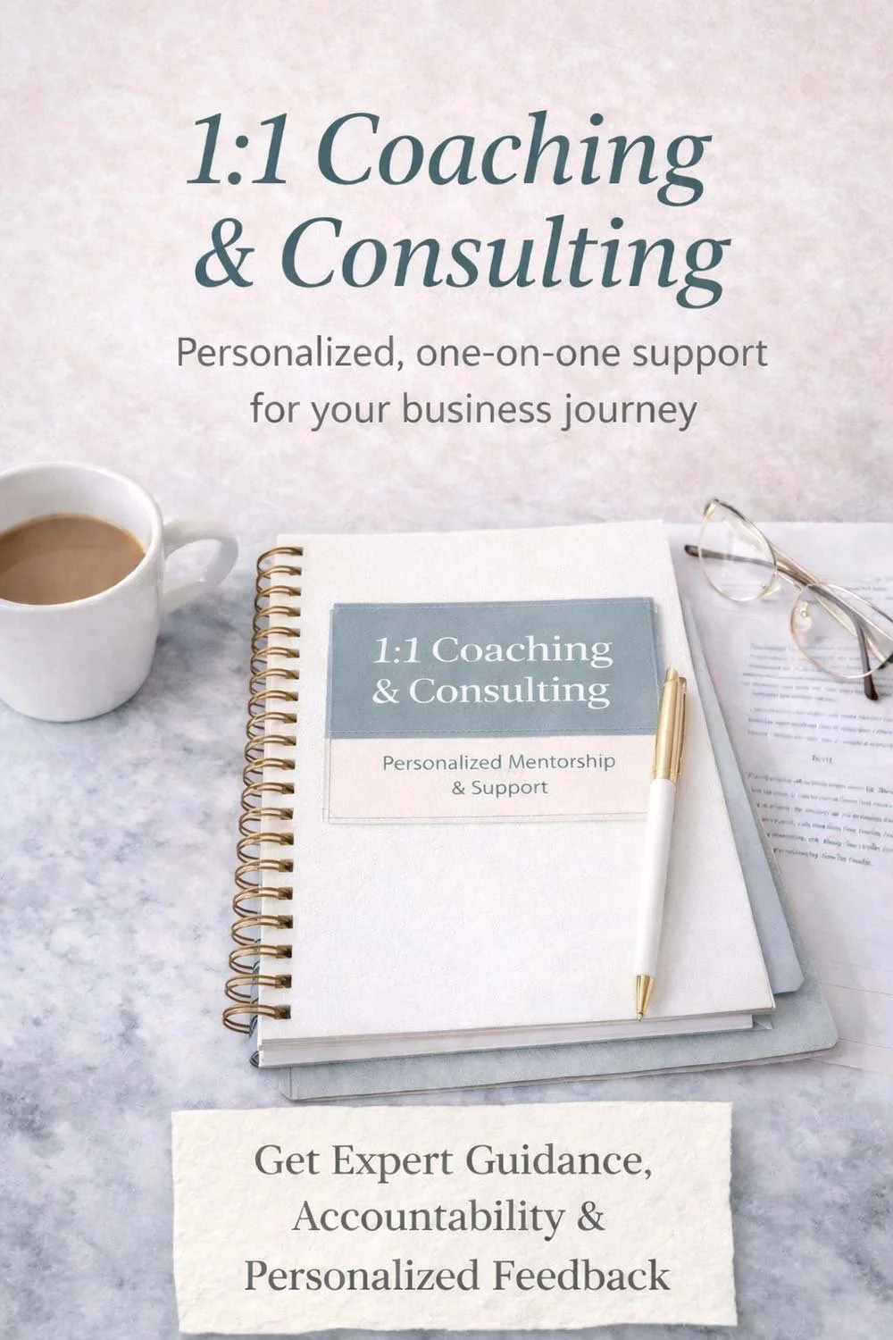 1:1 Coaching and Consulting graphic featuring a workbook, coffee mug, and personalized mentorship materials on a neutral workspace background