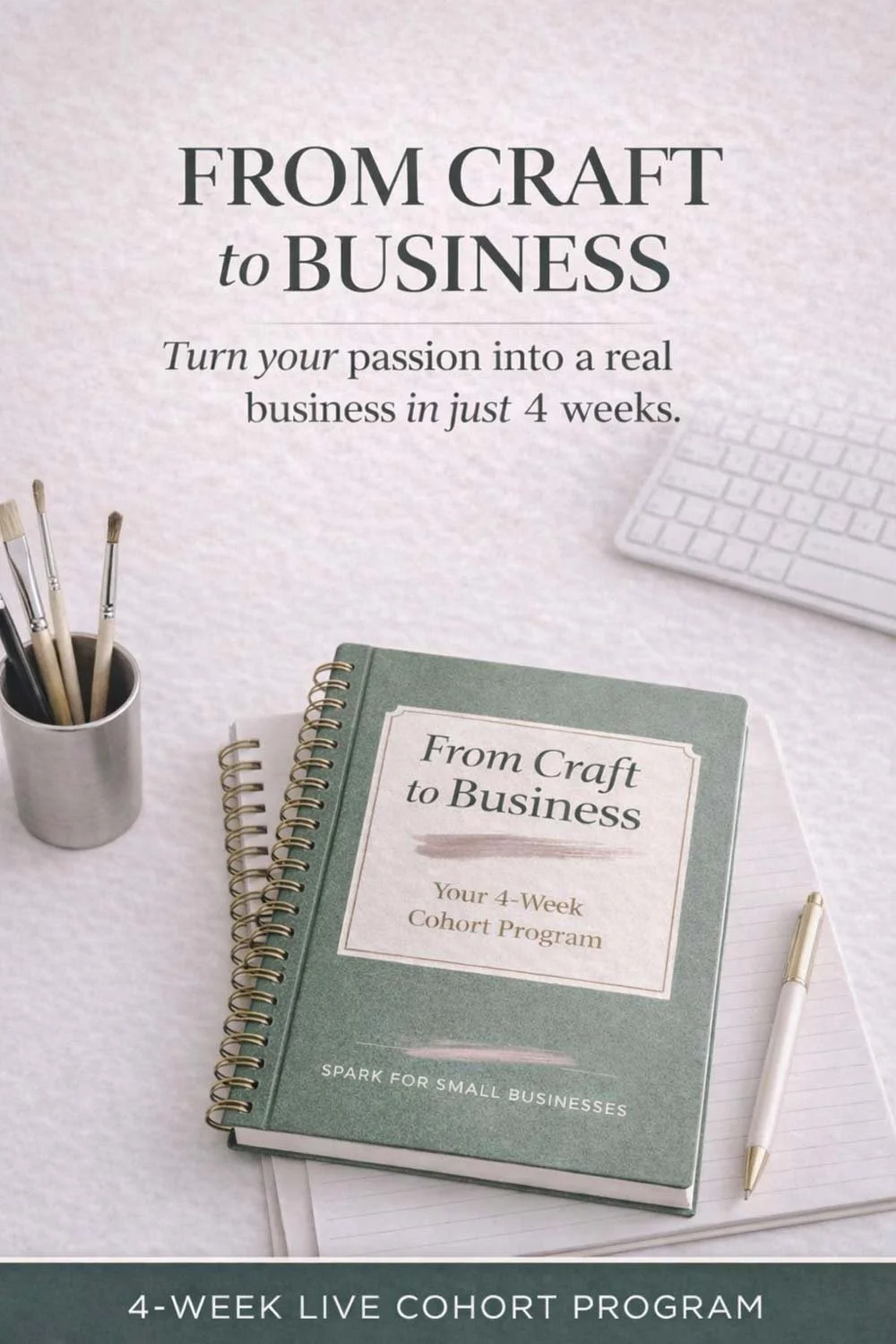 Branded graphic for the From Craft to Business program featuring the workbook cover on a creative workspace background