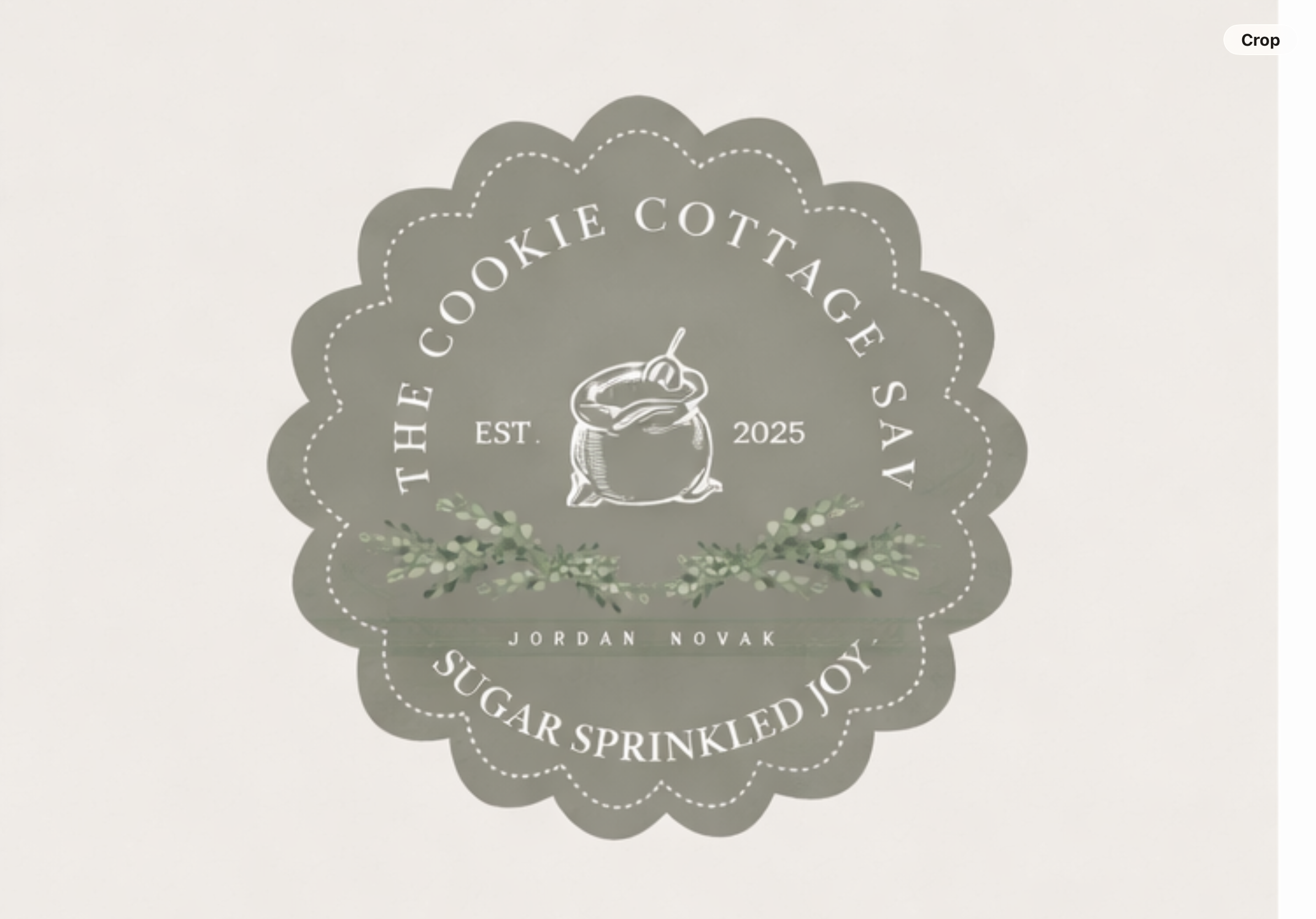 A decorative circular logo for The Cookie Cottage Savs featuring a jar with a spoon, green foliage, and the text 'EST. 2025,' 'Jordan Novak,' and 'Sugar Sprinkled Joy' on a gray background.
