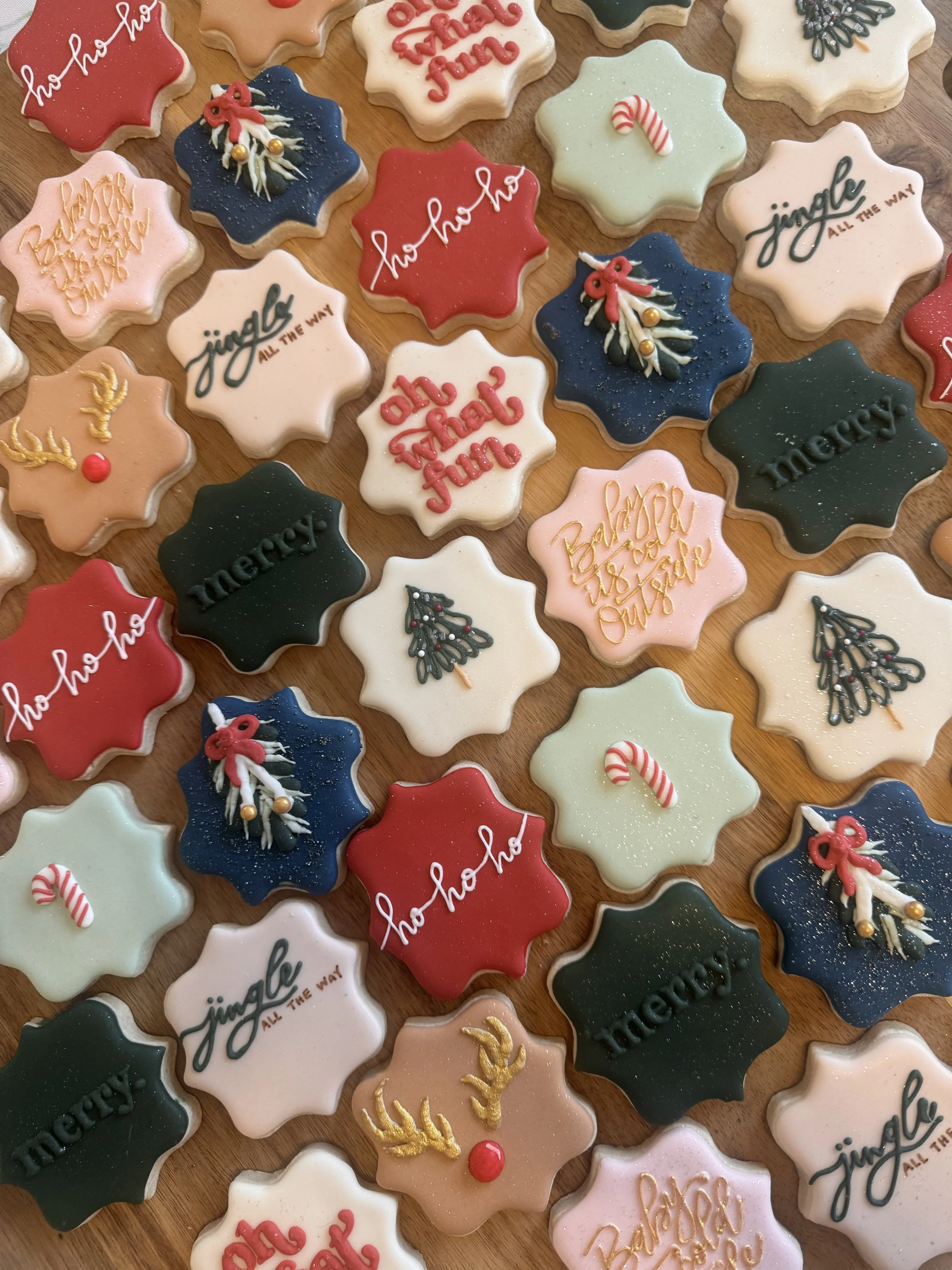 Collection of decorated Christmas cookies with holiday themes and phrases like 'ho ho ho,' 'joy,' 'merry,' and 'oh what fun,' some with reindeer, Christmas trees, candy canes, and festive bows.