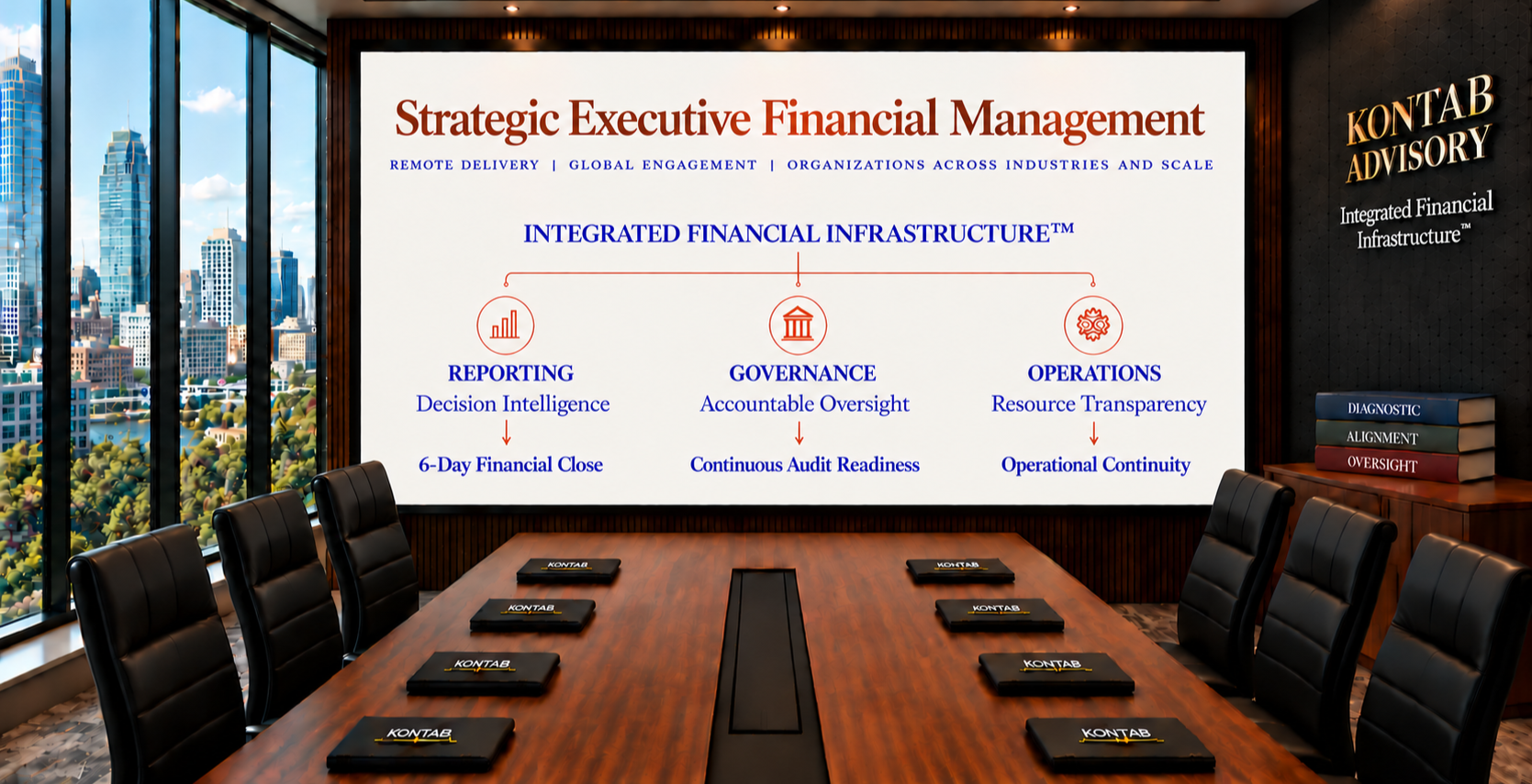 Kontab Advisory executive boardroom illustrating Integrated Financial Infrastructure™ across reporting, governance, and operations.