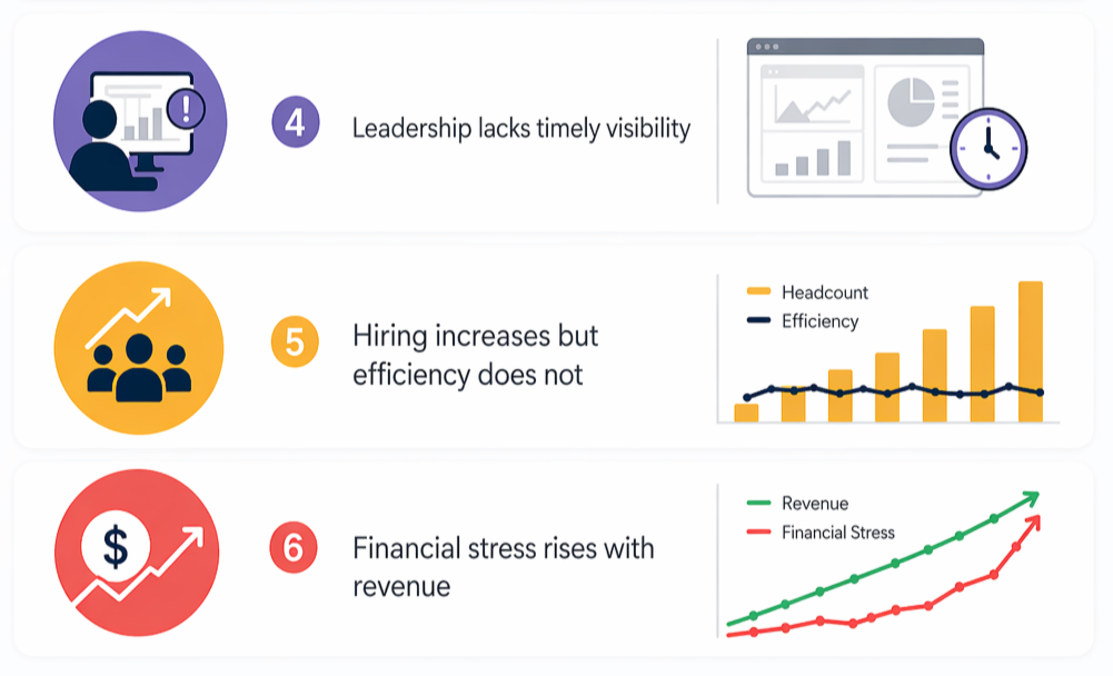 Infographic with three sections showing business issues: 1) leadership lacks visibility, 2) hiring increases but efficiency remains unchanged, 3) revenue rises, causing financial stress.