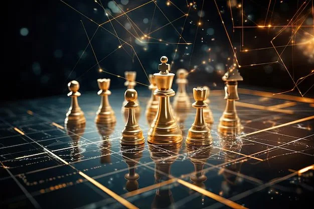 Gold chess pieces on a digital, reflective chessboard with a dark background and digital network lines.