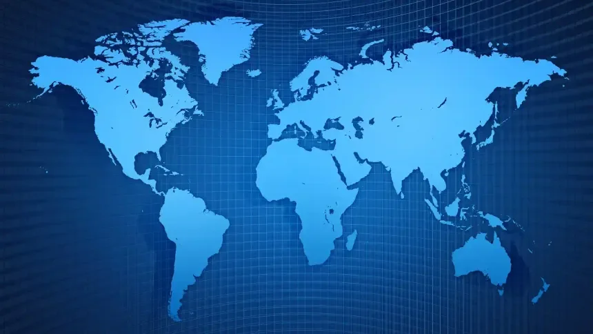 A digital world map with countries outlined in blue on a blue grid background.