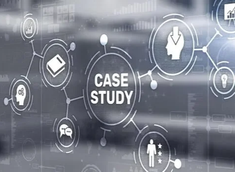 Digital graphic with interconnected icons and the text "CASE STUDY" in the center.