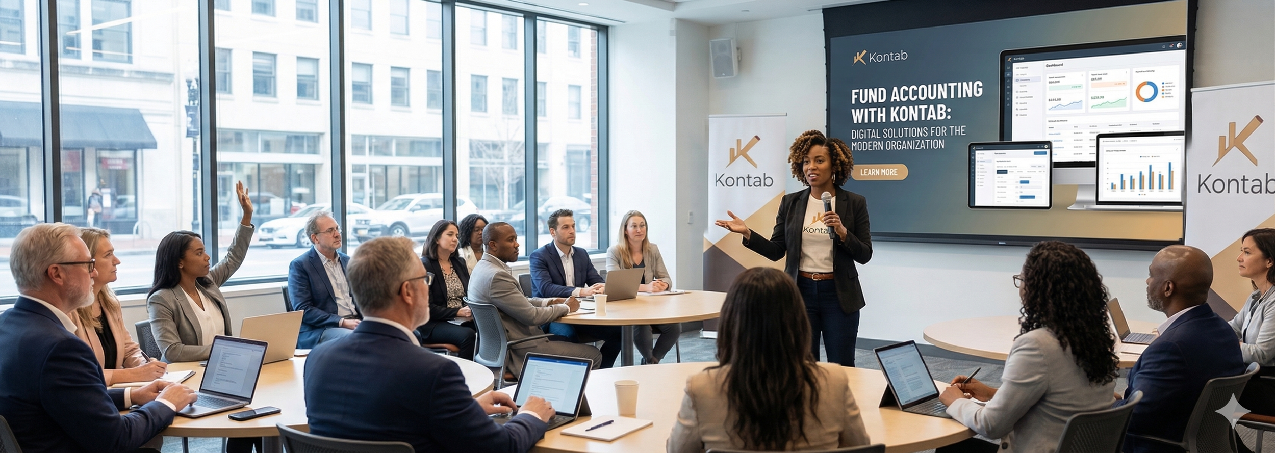 A woman is giving a presentation to a group of business professionals in a conference room with large windows, displaying charts and graphs on screens about fund accounting with Kontab.