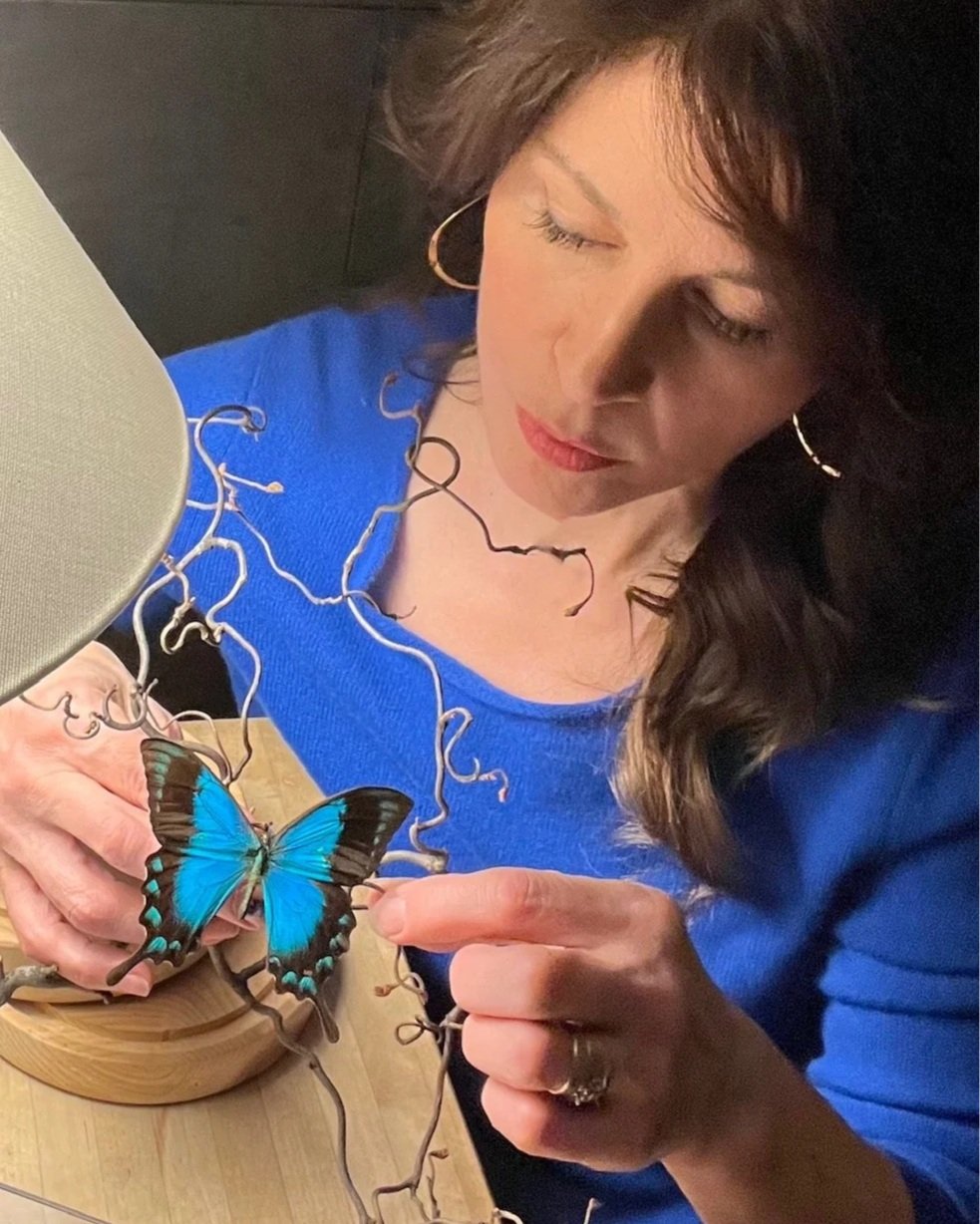 A woman with dark hair, wearing a blue shirt and hoop earrings, is gently holding a blue and black butterfly on a twisted wire decoration placed on a wooden surface.