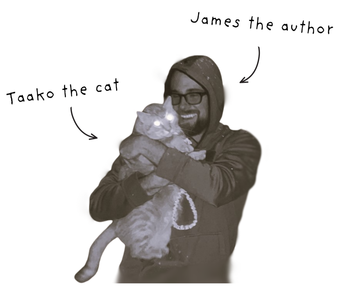 A man with glasses and a beard wearing a hoodie and jacket, smiling and holding a large cat with glowing eyes.