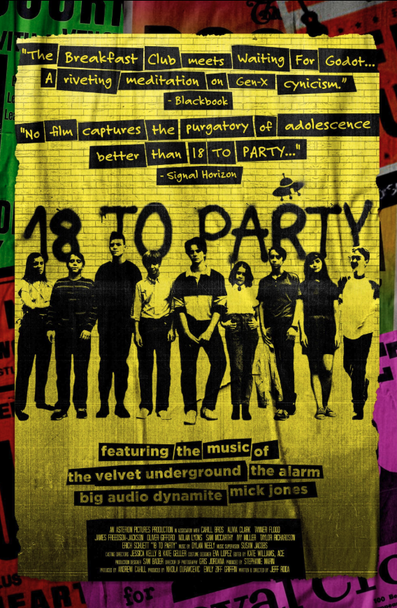 Poster promoting an 18+ event titled "To Party," featuring the music of The Velvet Underground, The Alarm, Big Audio Dynamite, and Mick Jones, with a black-and-white photograph of a group of nine young people standing in a line, dressed casually, against a yellow background with black text.
