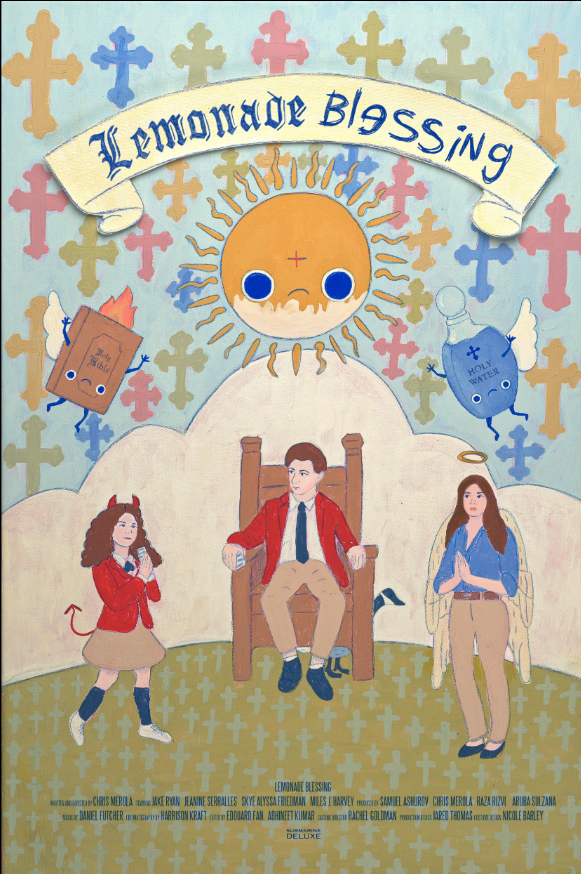 Illustration titled "Lemonade Blessing" depicting a central figure of a young man sitting on a throne-like chair dressed in a red blazer, white shirt, and beige pants with black shoes. To his left is a girl with devil horns, red blazer, and beige skirt, and to his right is an angel with a halo, blue blouse, and beige pants with wings. Above them are various cartoonish religious symbols, including crosses, a sun with a face, and smiling angel and holy water bottles.