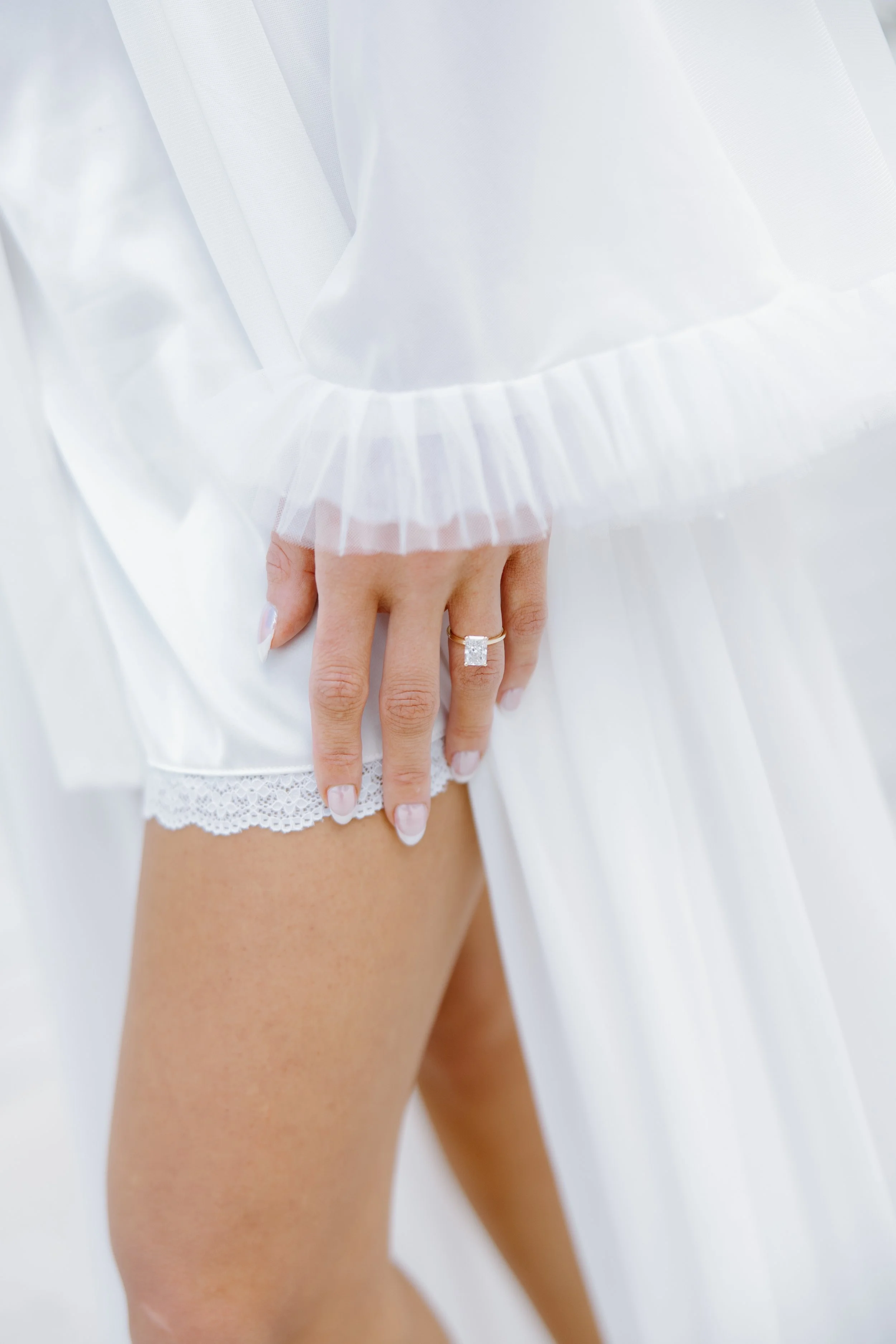 Close-up of a woman's hand with a large ring, resting on the thigh of a woman wearing white lingerie and a sheer white dress.