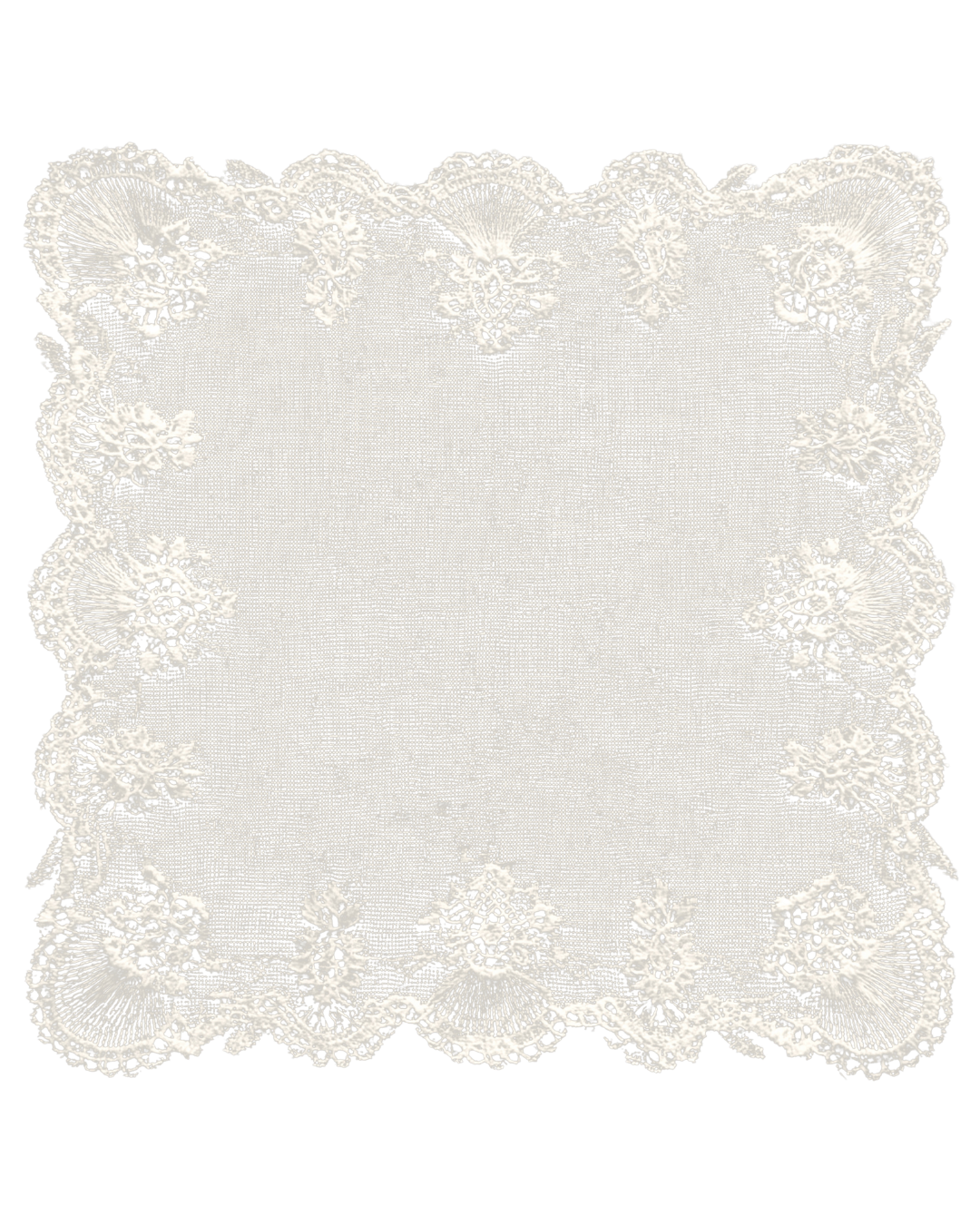 Empty white lace doily with intricate floral border design.