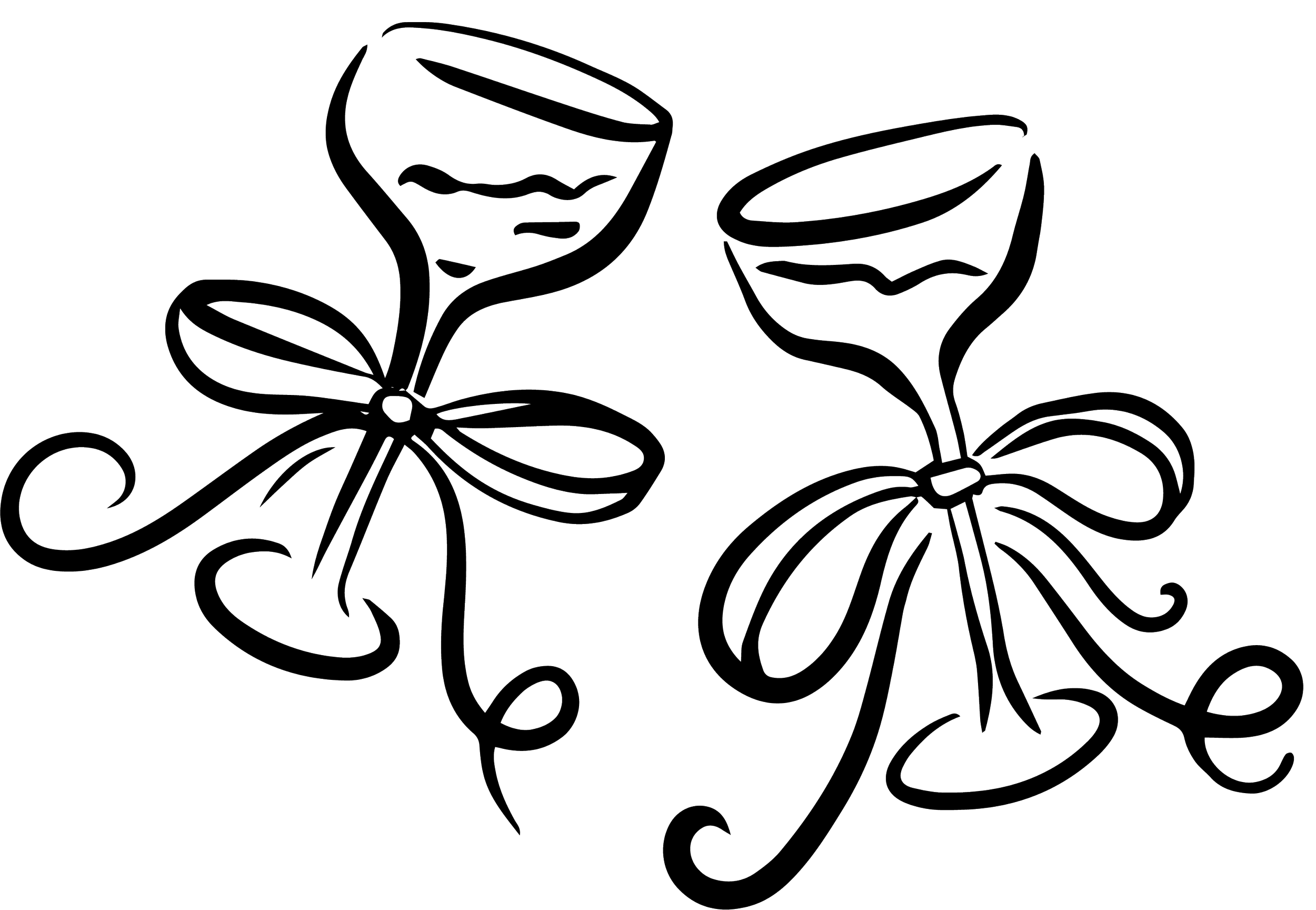 Outline drawing of two flowers with curved stems and leaves, featuring smiling faces on the flower heads.