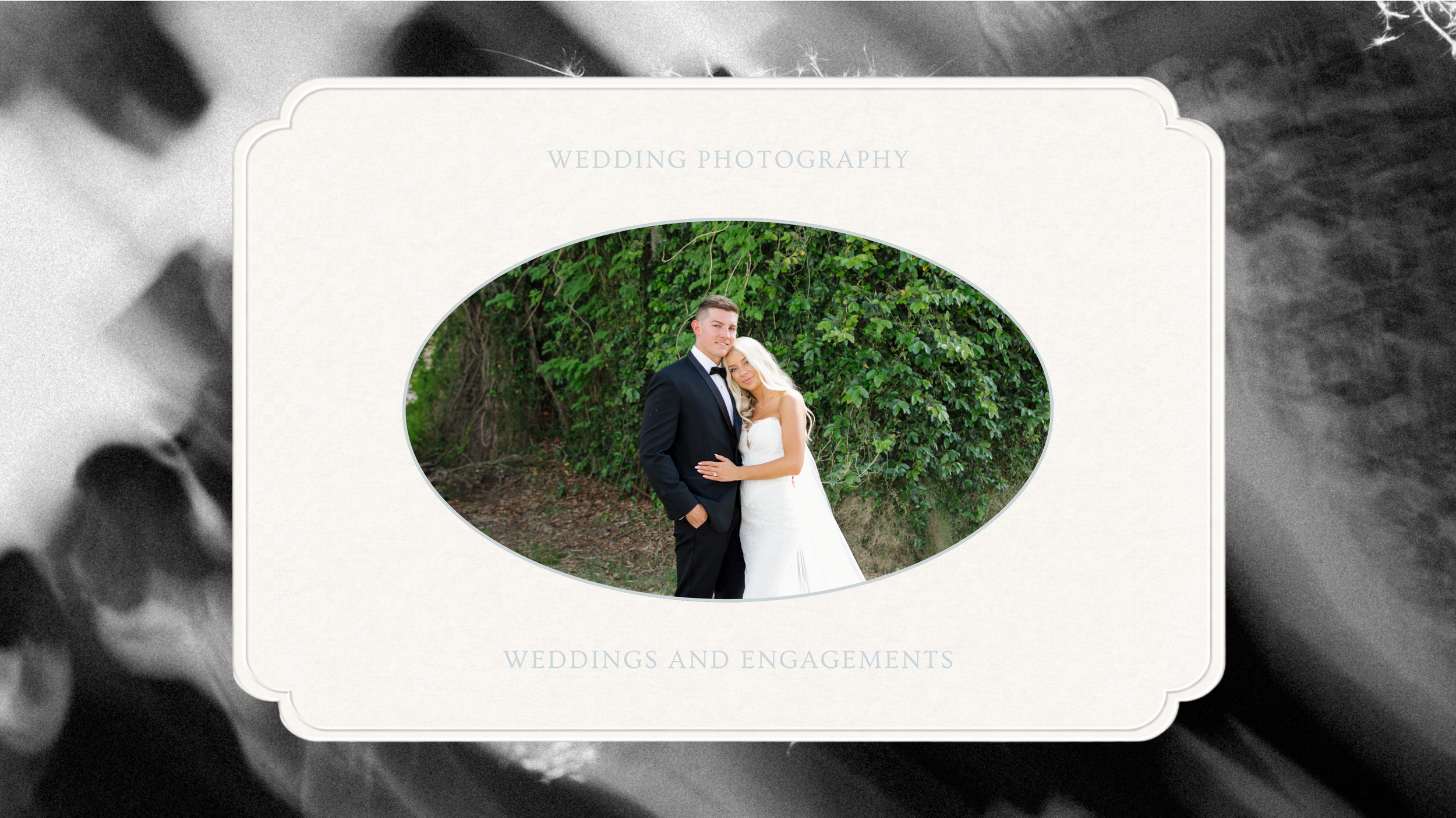 A wedding photography album cover with a central oval photo of a bride and groom embracing outdoors, surrounded by lush greenery, on a gray background.