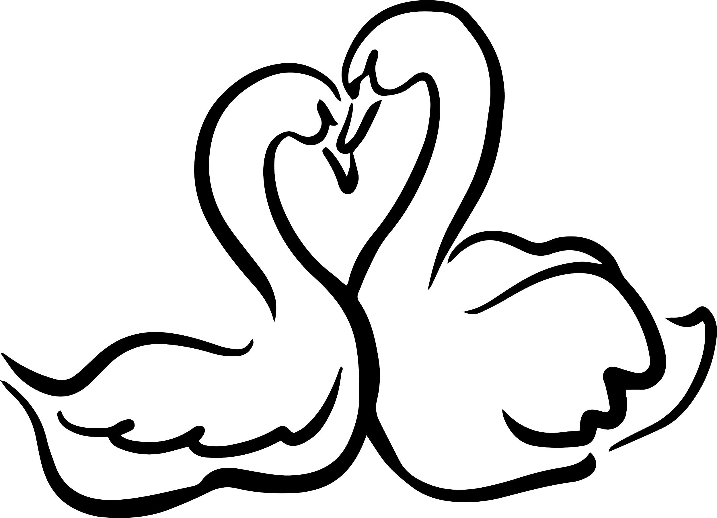 Outline drawing of a flamingo with a flower in its beak, set against a black background.