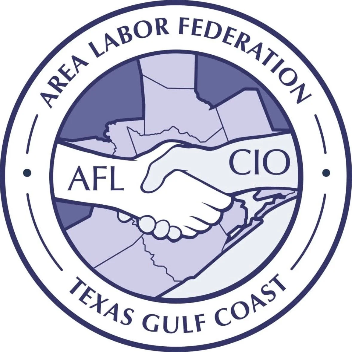 Seal of the Area Labor Federation Texas Gulf Coast featuring a handshake over a map of Texas with the words AFL and CIO.