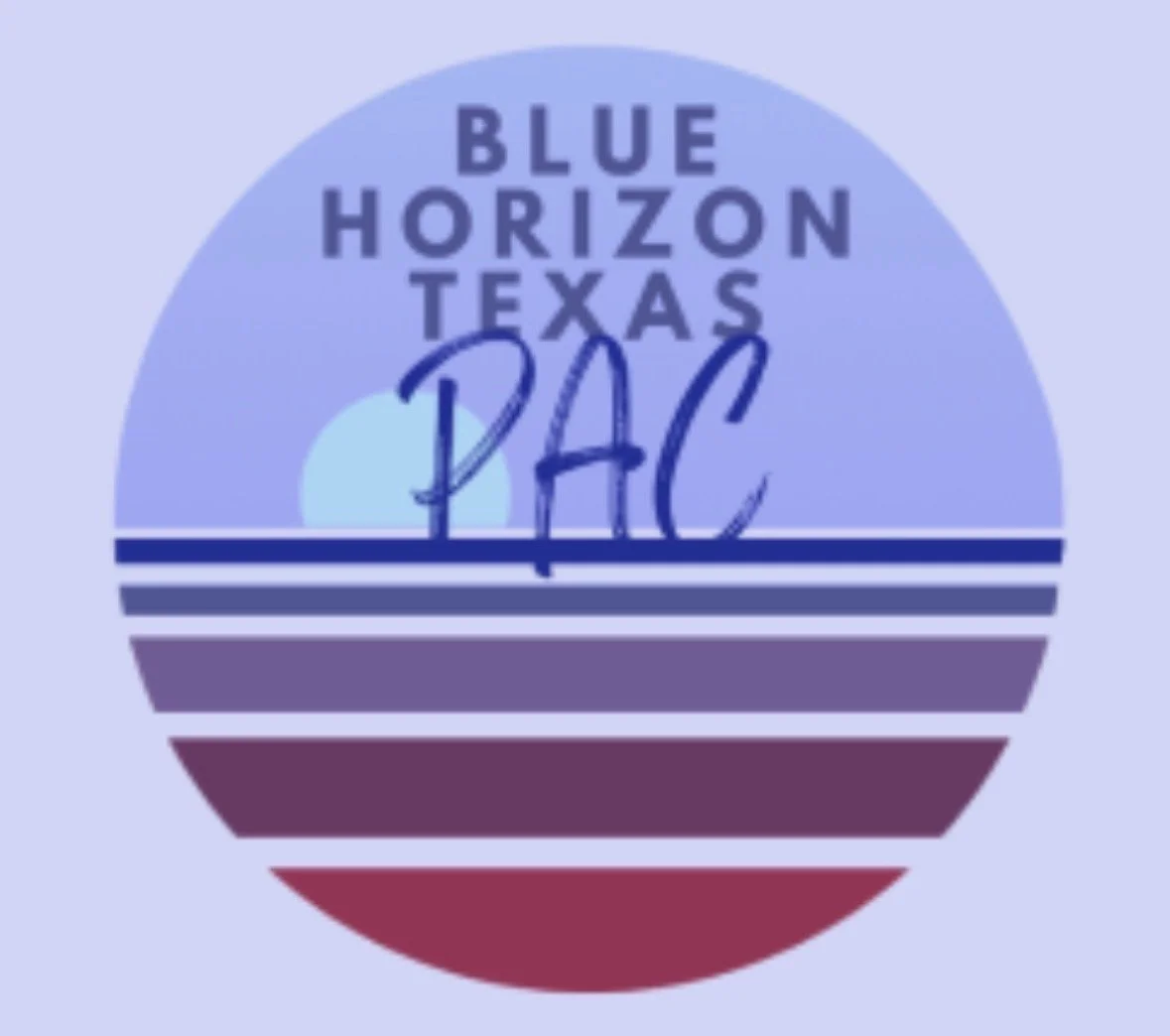 A circular logo with the text 'Blue Horizon Texas PAC' and a stylized sunset over water in shades of blue and purple.