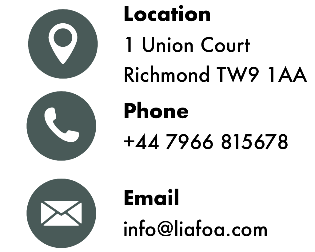 Black text with icons of a location pin, phone, and envelope on a white background