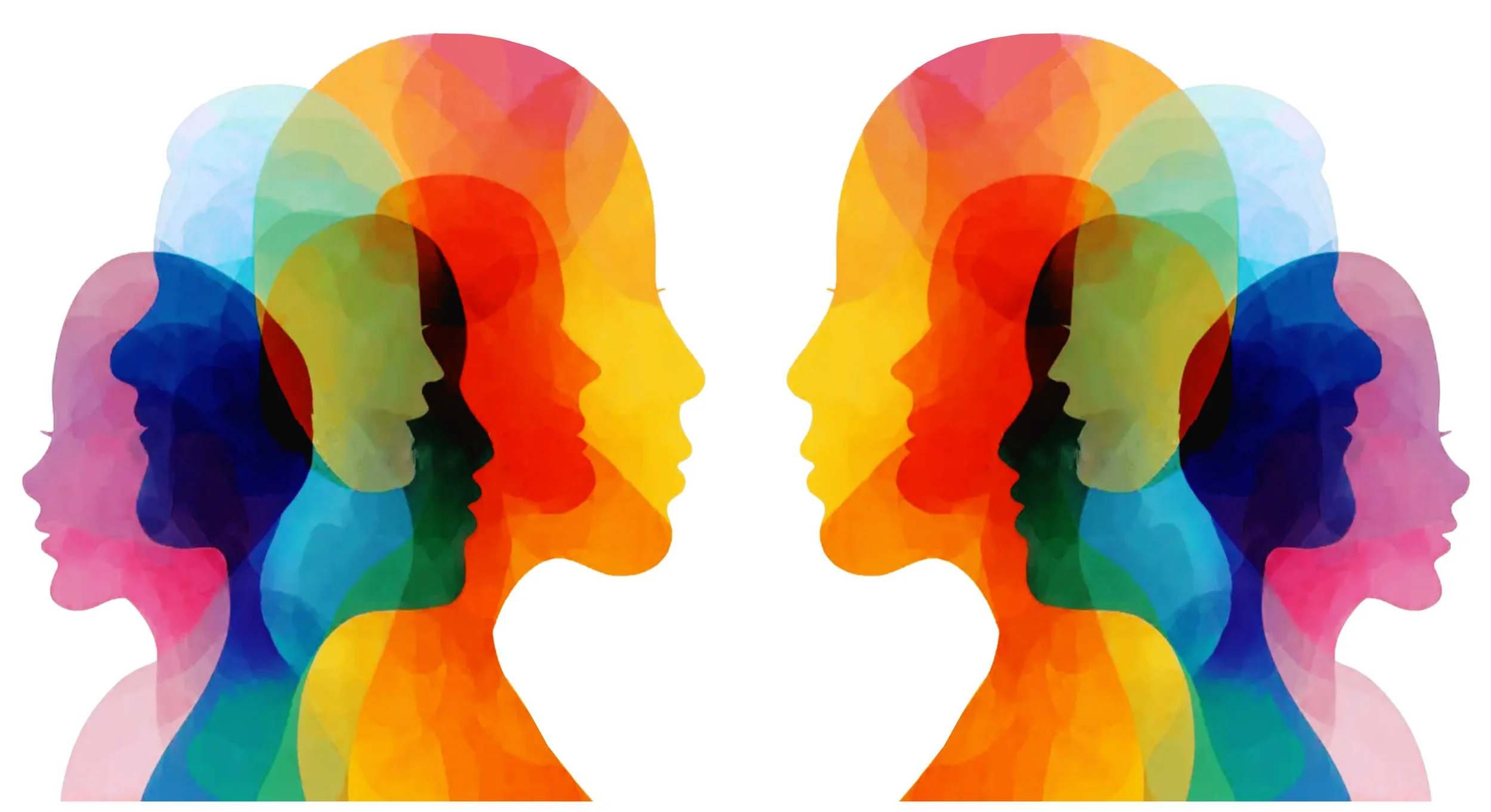 Colorful overlapping silhouettes of human faces in profile facing each other, creating a symmetrical pattern.