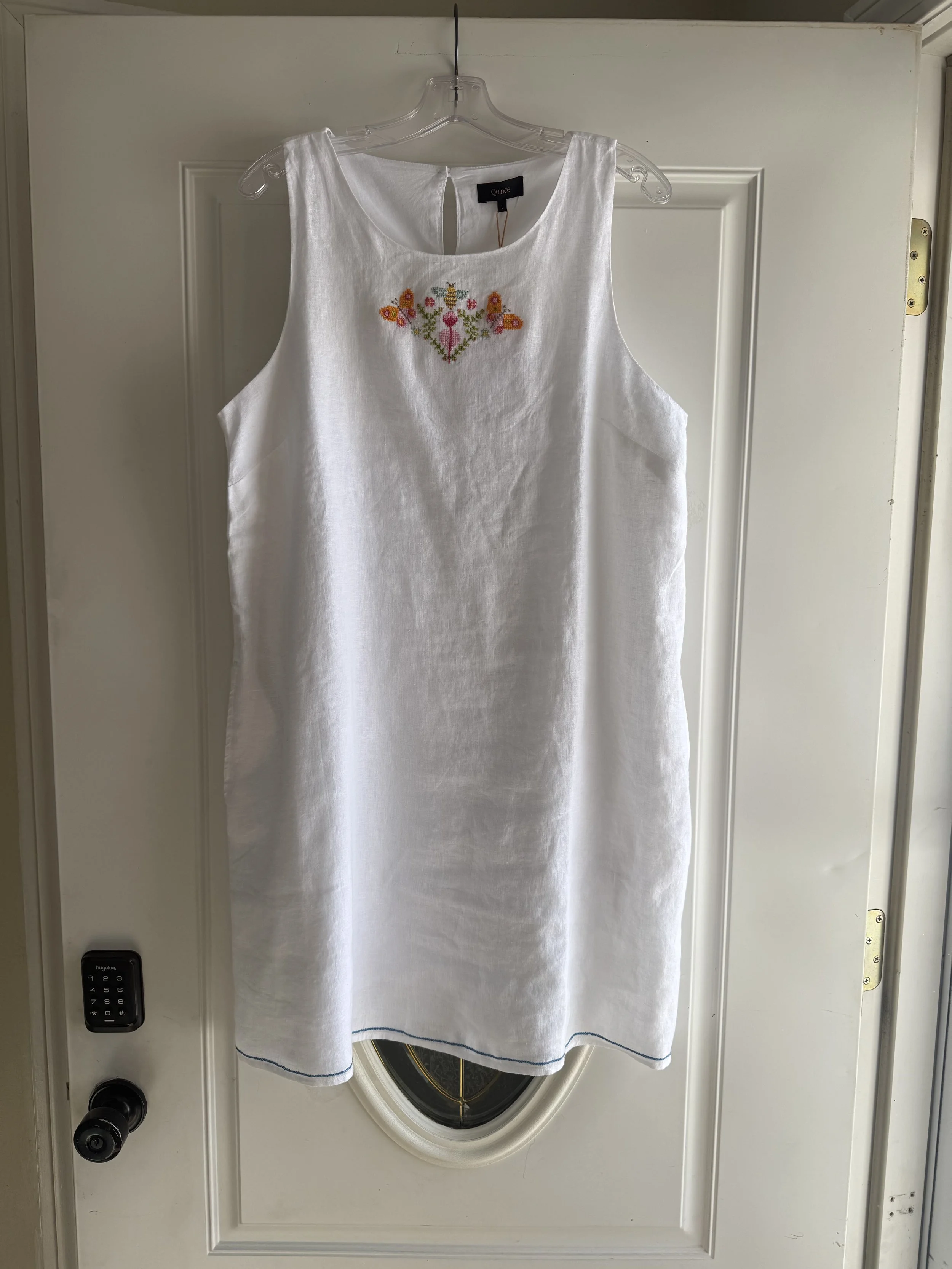 Linen White Tank Dress - Butterflies, Size Large
