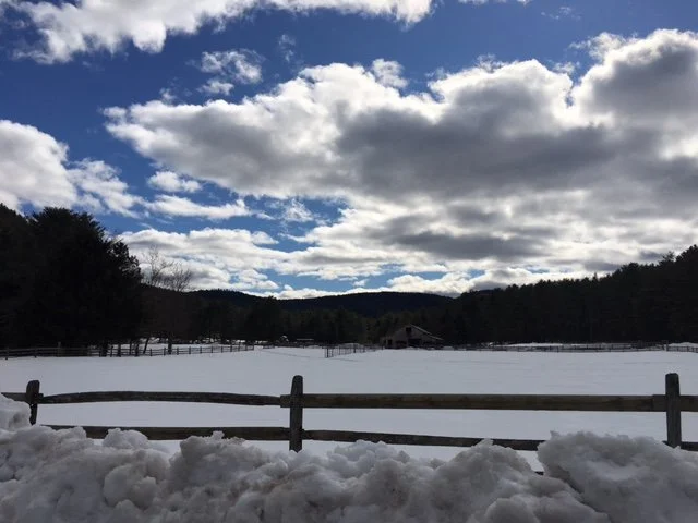 Snow-covered field with a wooden fence in the foreground, trees on the left and right, and a barn in the distance under a partly cloudy sky.