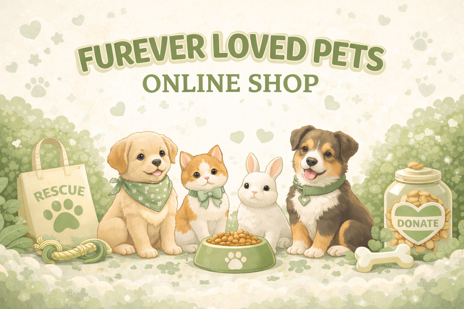 Illustration of four adorable pets (a puppy, a kitten, a rabbit, and a dog) sitting together with pet food and donation items, promoting an online pet shop called 'Furever Loved Pets'.