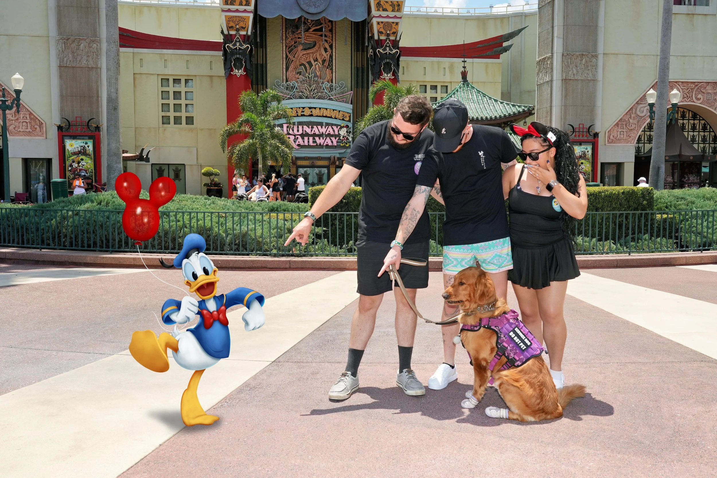 A cartoon digital illustration of Donald Duck with three red balloons in front of a group of three people and a golden retriever at a Disney theme park entrance. The background includes a building and lush greenery.