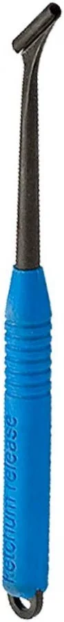 Dental scaler with a black metal tip and blue handle for cleaning teeth.